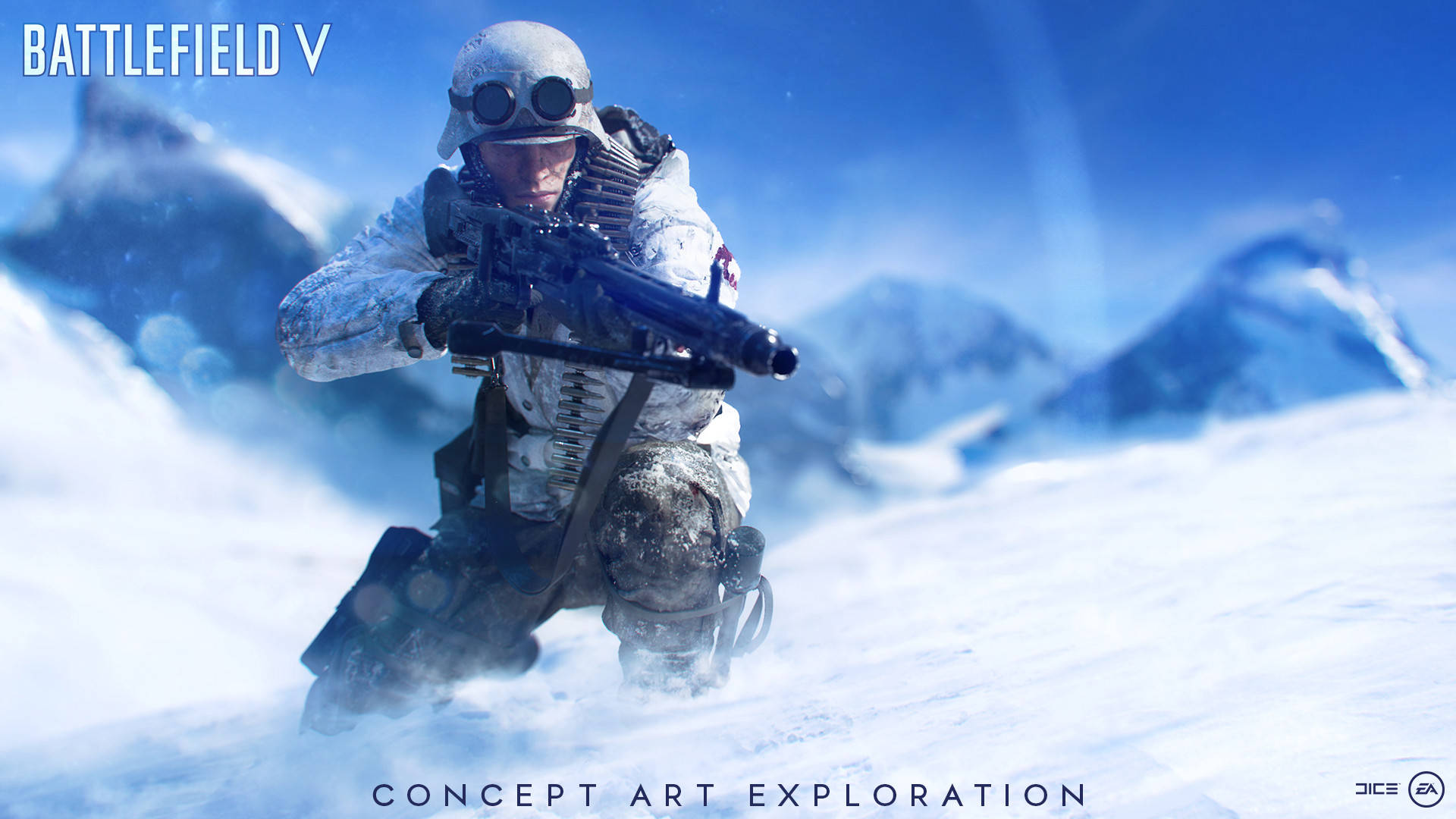 Battlefield 5 桌布 壁紙 — 一名穿著雪地裝備的士兵在暴風雪中蹲下，手持步槍，背景是白雪覆蓋的山脈和明亮的藍天。
