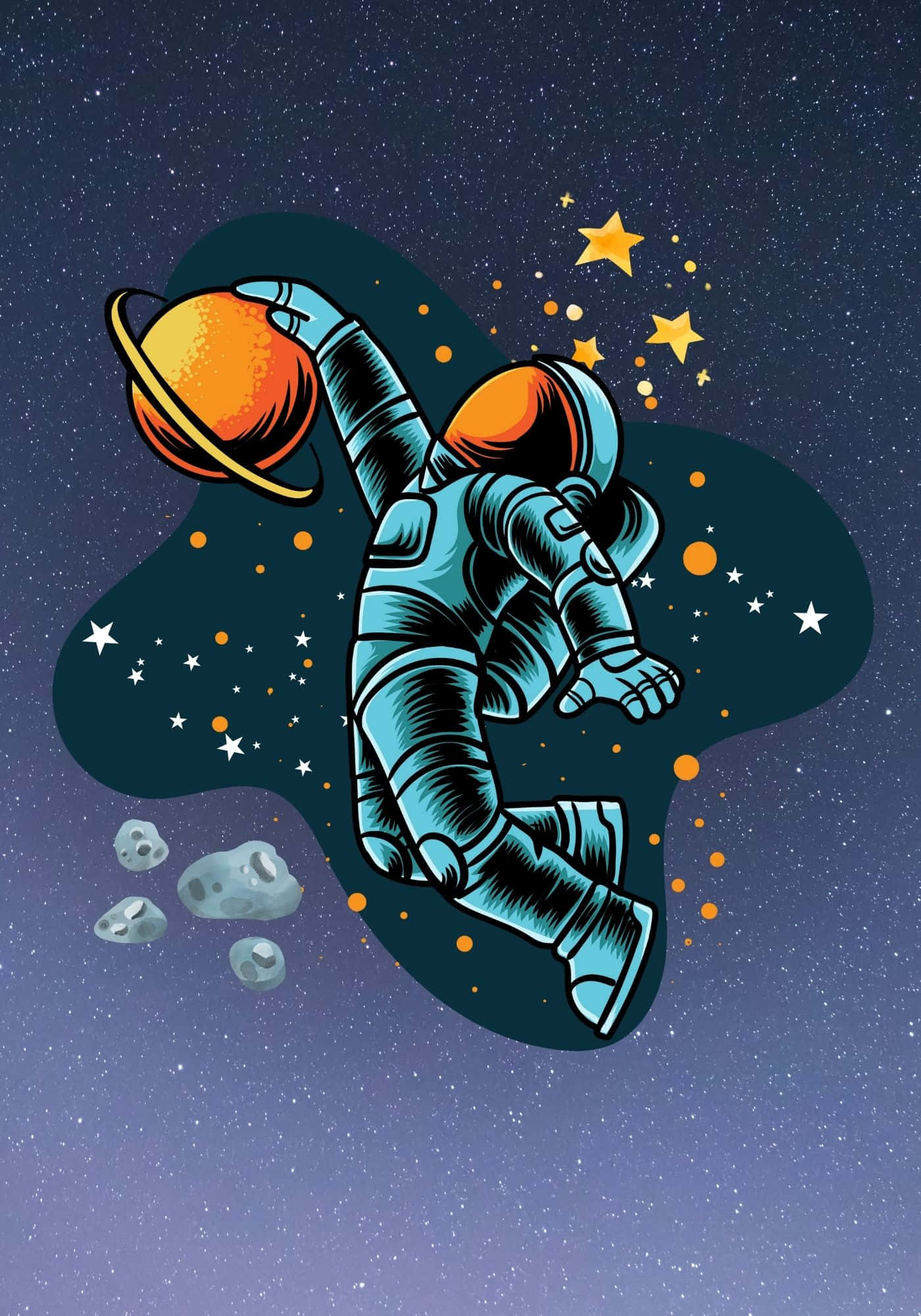 太空人 桌布 壁紙 — 一名穿著青綠色太空衣的太空人在星際宇宙背景下漂浮，手持一顆發光的橙色行星。
