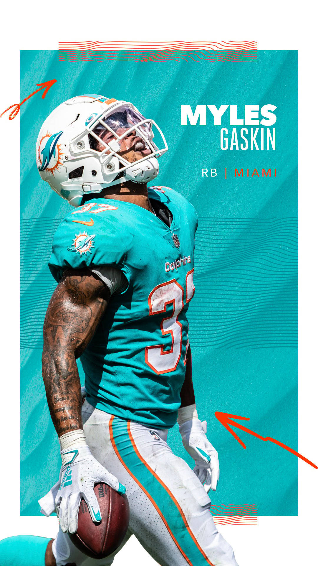 Miami Dolphins iPhone 桌布 壁紙 — 一名穿著青綠色球衣的邁阿密海豚隊美式足球員，在充滿活力的青綠色背景下持球奔跑。