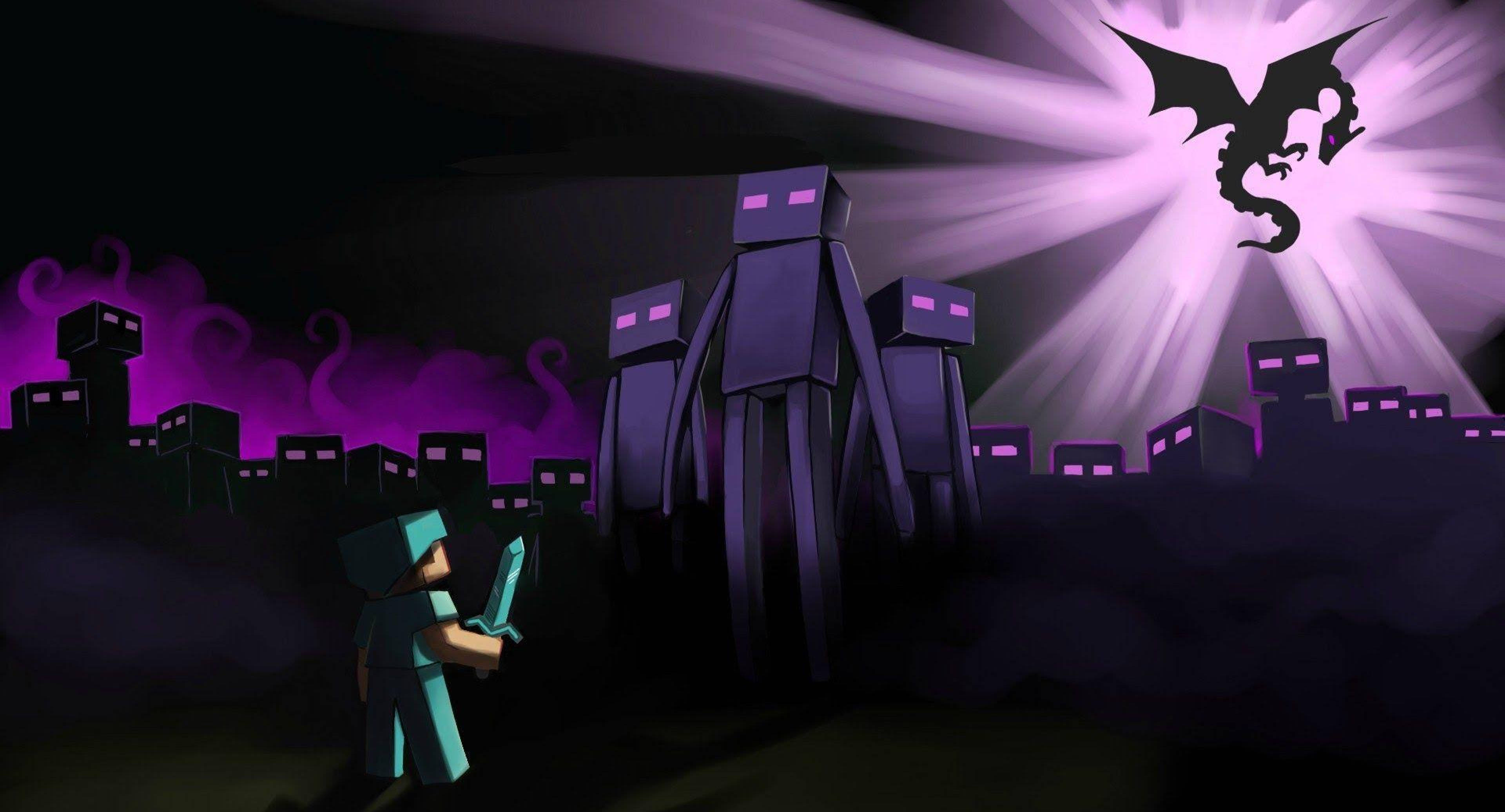 電玩遊戲 桌布 壁紙 — 一名穿著青綠色盔甲的Minecraft玩家站在發光的紫色天空下，面對高聳的紫色終界使者，天空中有終界龍的剪影。