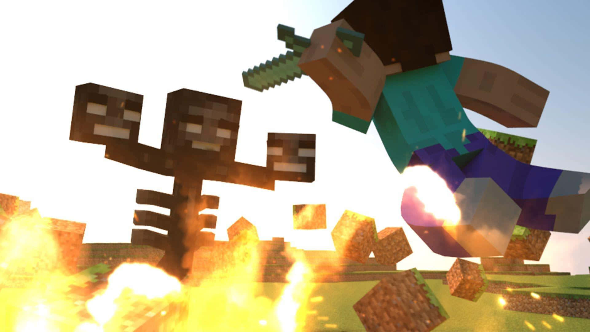 Minecraft Wither Boss 桌布 壁紙 — 一名穿著青綠色盔甲的Minecraft玩家在熾熱的方塊景觀中跳入與殭屍的戰鬥。