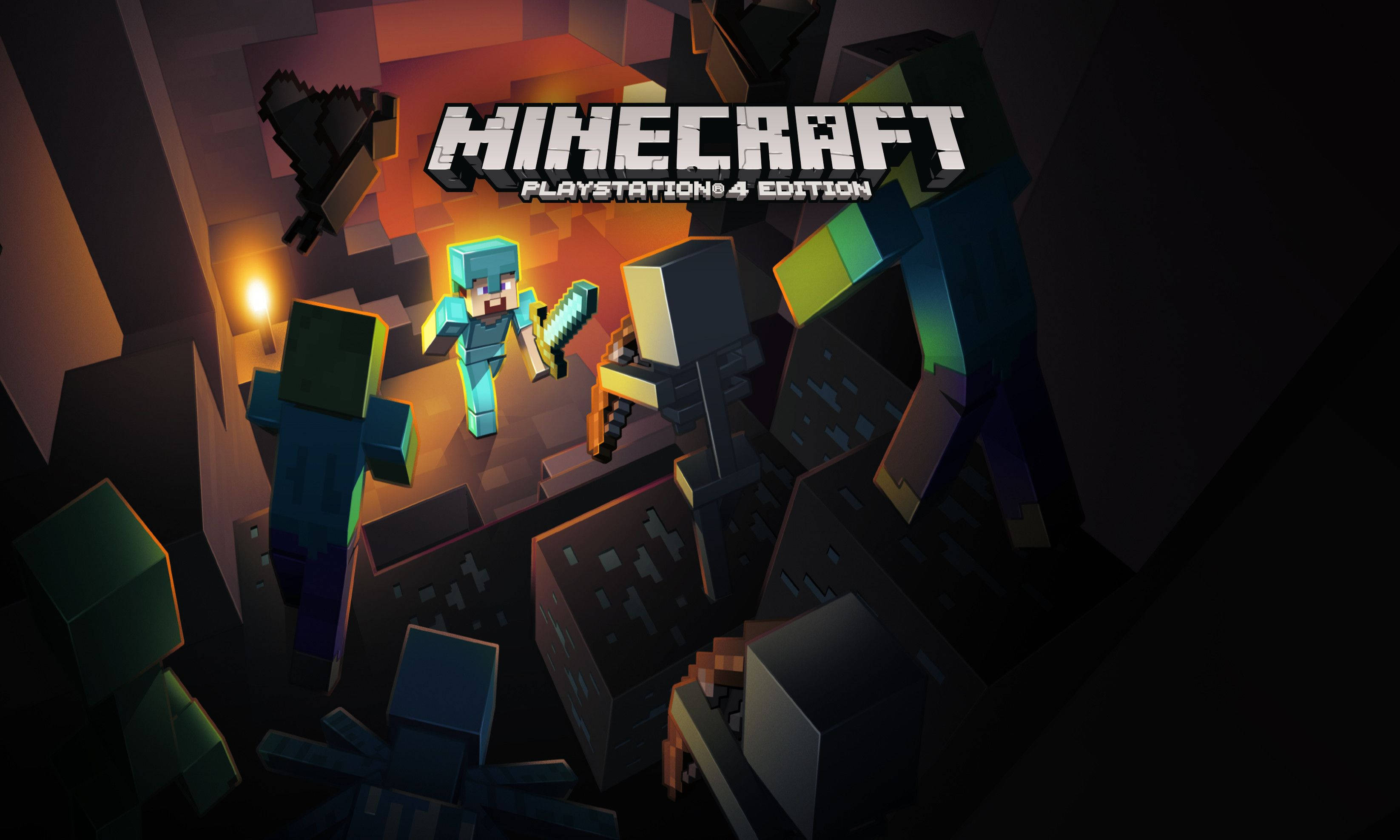 Best PS4 桌布 壁紙 — 一名穿著青色盔甲的Minecraft玩家在黑暗洞穴中英勇站立，手持劍，發光的火炬照亮了方塊狀的環境。