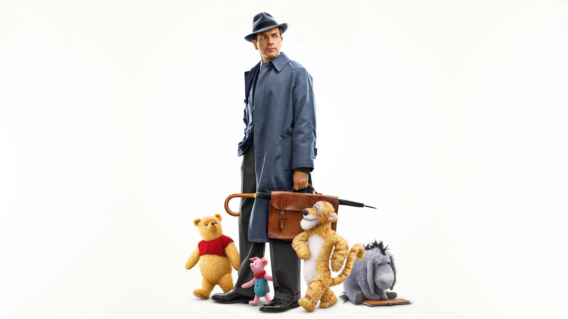 winnie the pooh 桌布 壁紙 — 一名穿著風衣和軟呢帽的男子與小熊維尼、小豬、跳跳虎和屹耳站在純白色背景前。