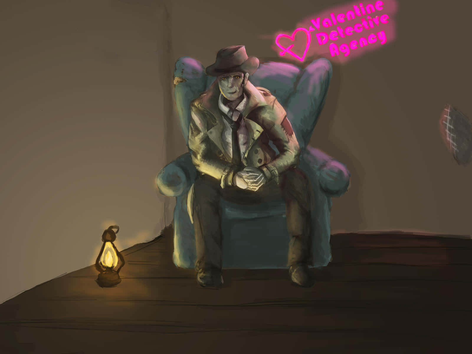 Nick Valentine 桌布 壁紙 — 一名穿著風衣的偵探坐在藍色扶手椅上，旁邊有一盞發光的燈籠，上方有一個寫著 Valentine Detective Agency 的霓虹招牌。