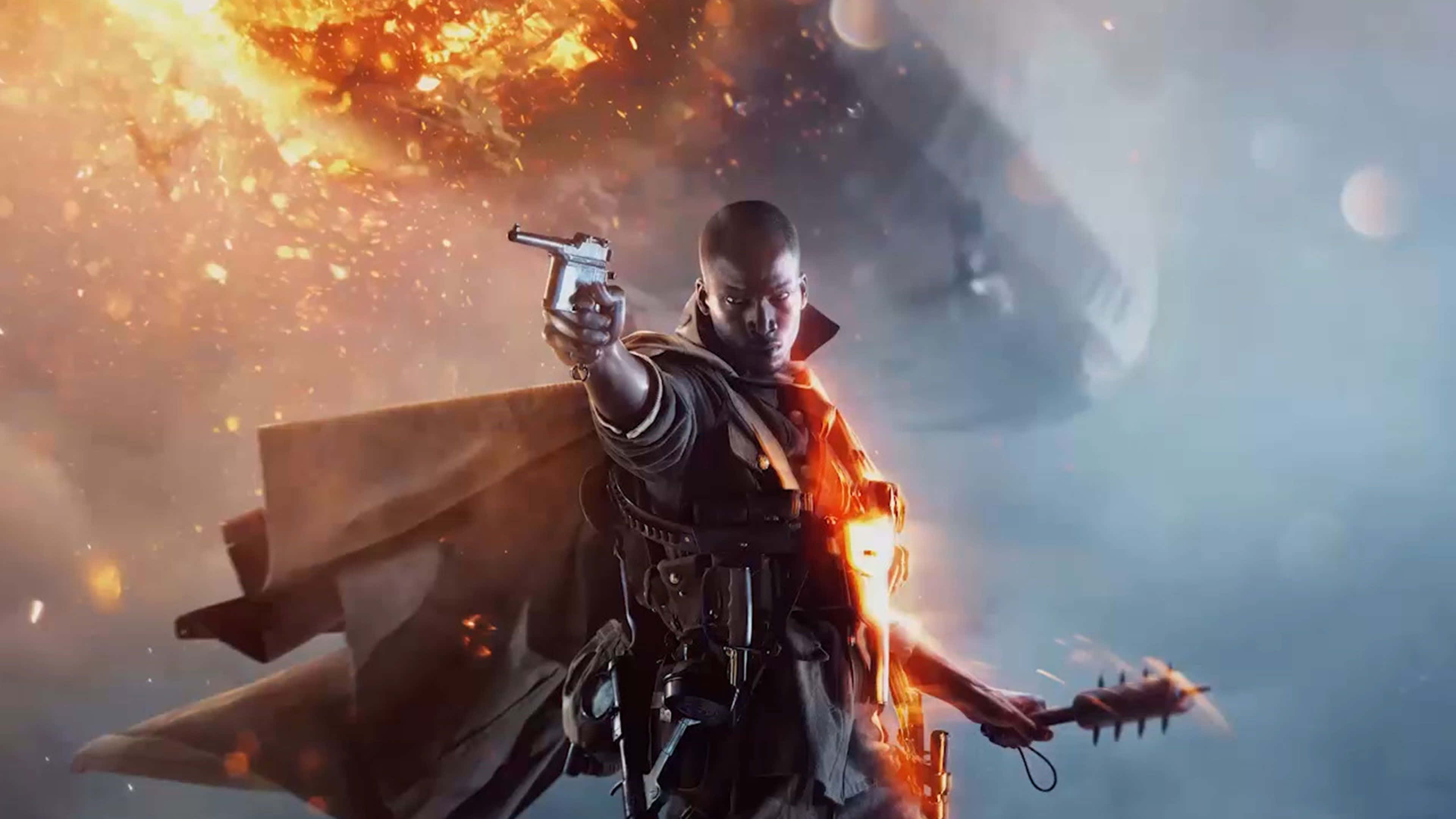 Battlefield Desktop 桌布 壁紙 — 一名穿著風衣的堅定士兵在混亂的戰鬥場景中，於熾熱的爆炸和煙霧中開槍射擊。