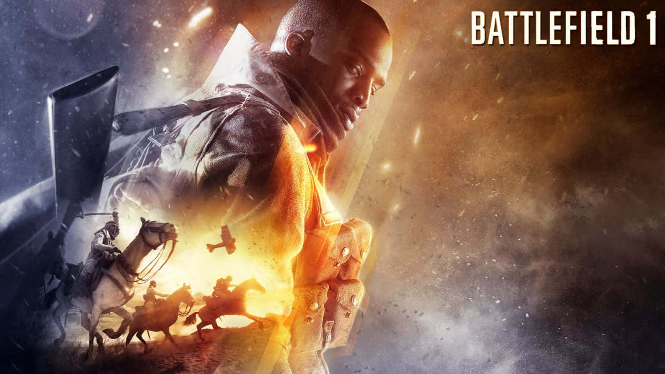 1366x768 Battlefield 1 桌布 壁紙 — 一名穿著風衣的士兵站在烈火戰場背景前，背景有騎兵衝鋒和飛機剪影。