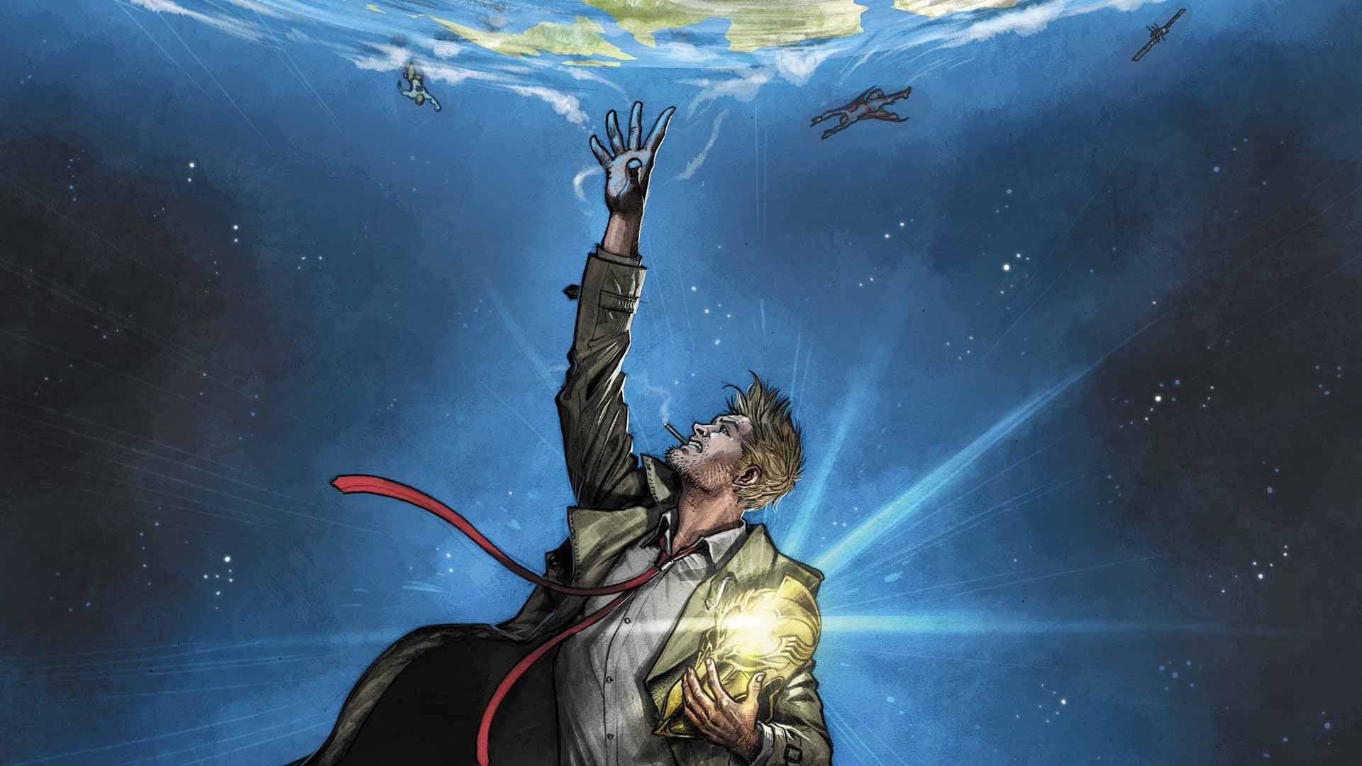 Legends 桌布 壁紙 — 一名穿著風衣的男子在水下向上伸手，朝向漂浮的人物和一個發光的球體，背景是星空藍色深淵。