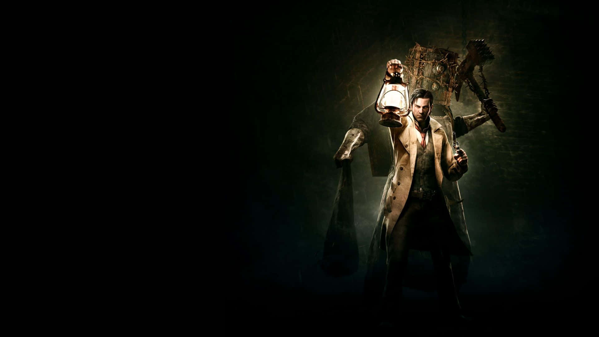 Horror Games 桌布 壁紙 — 一名穿著風衣的男子在黑暗迷霧背景下，手持發光燈籠和一匹機械馬。