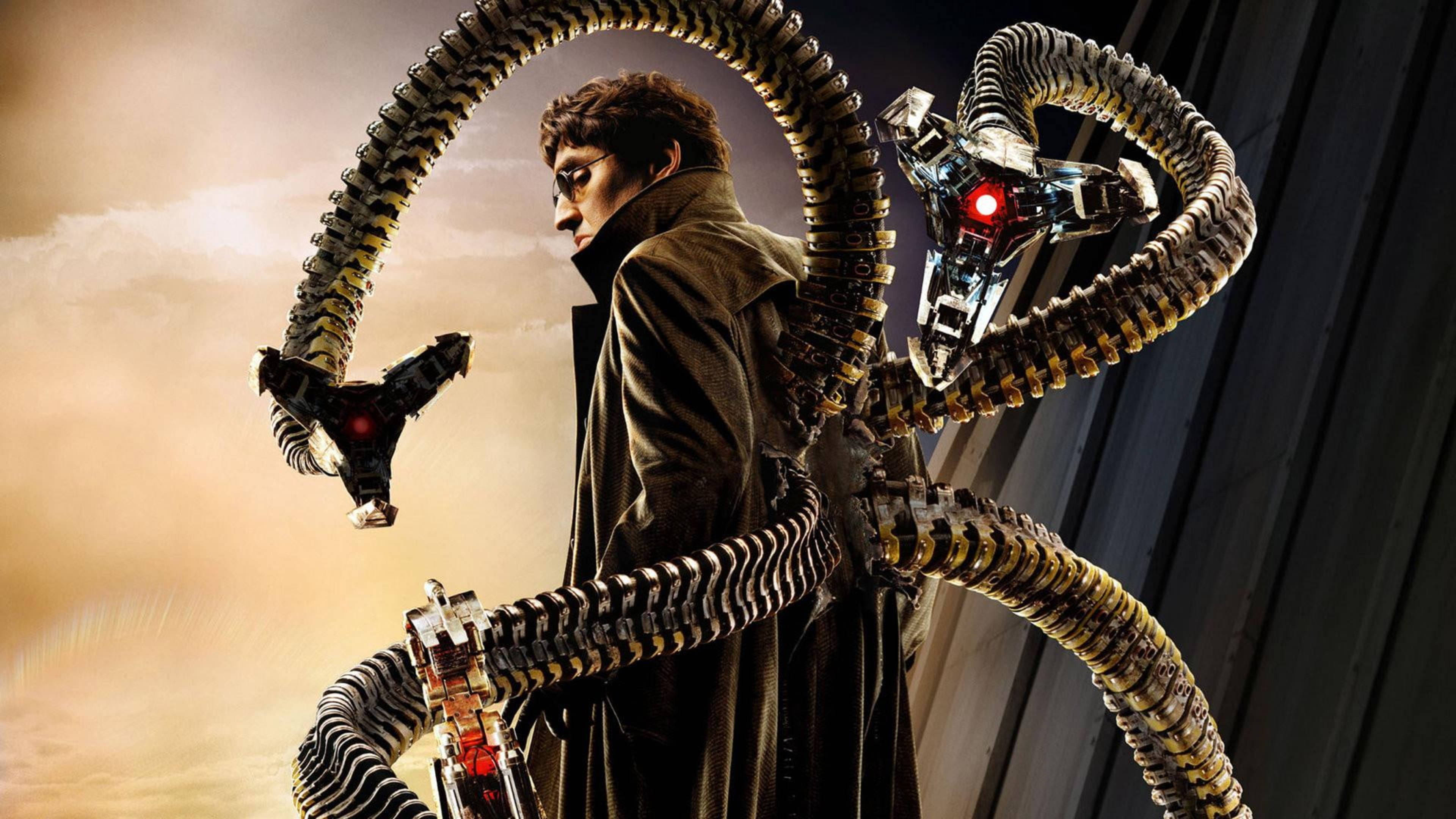 Doctor Octopus 桌布 壁紙 — 一名穿著風衣的男子站在一隻機械章魚旁邊，機械章魚有發光的紅色眼睛和分段的觸手，背景是陰天。