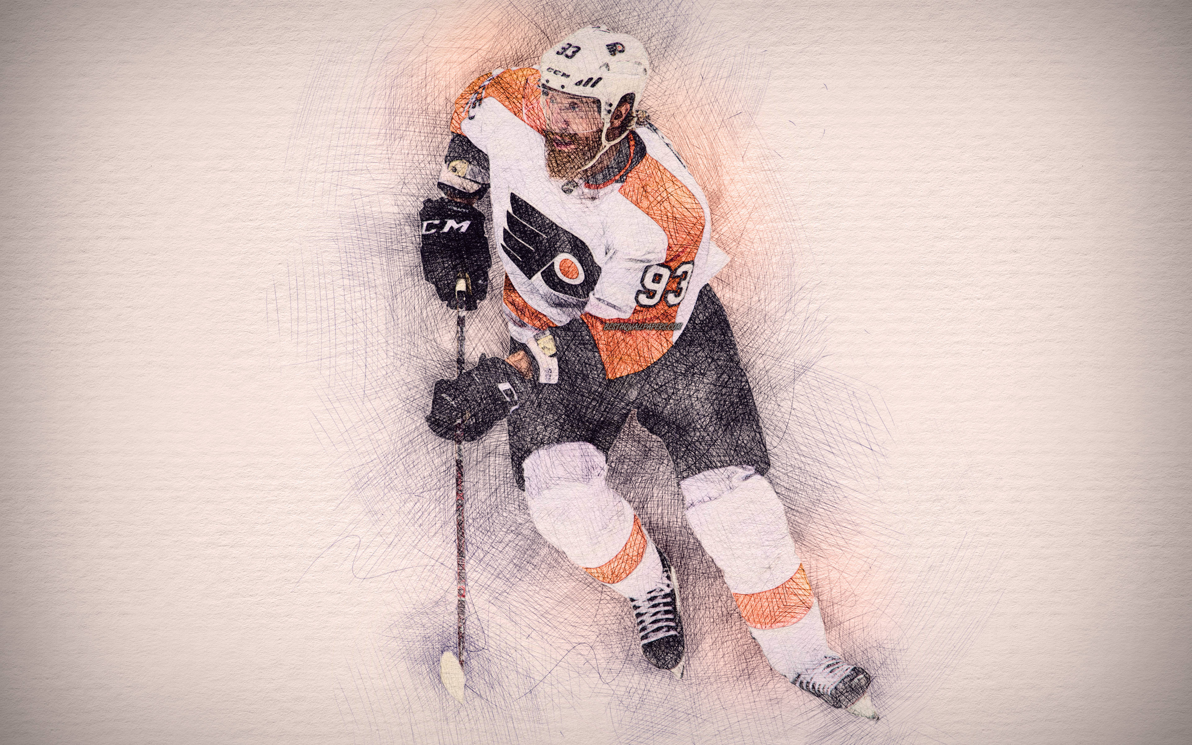 hockey 桌布 壁紙 — 一名穿著飛人隊球衣的曲棍球球員，手持球棍，在帶有紋理的素描風格背景上動態滑行。