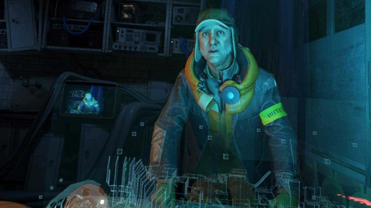 Half-life Characters 桌布 壁紙 — 一名穿著高科技防護衣、戴著發光黃色領子和「HITF」臂章的男子，在燈光昏暗、雜亂的實驗室裡專注地凝視著全息界面。