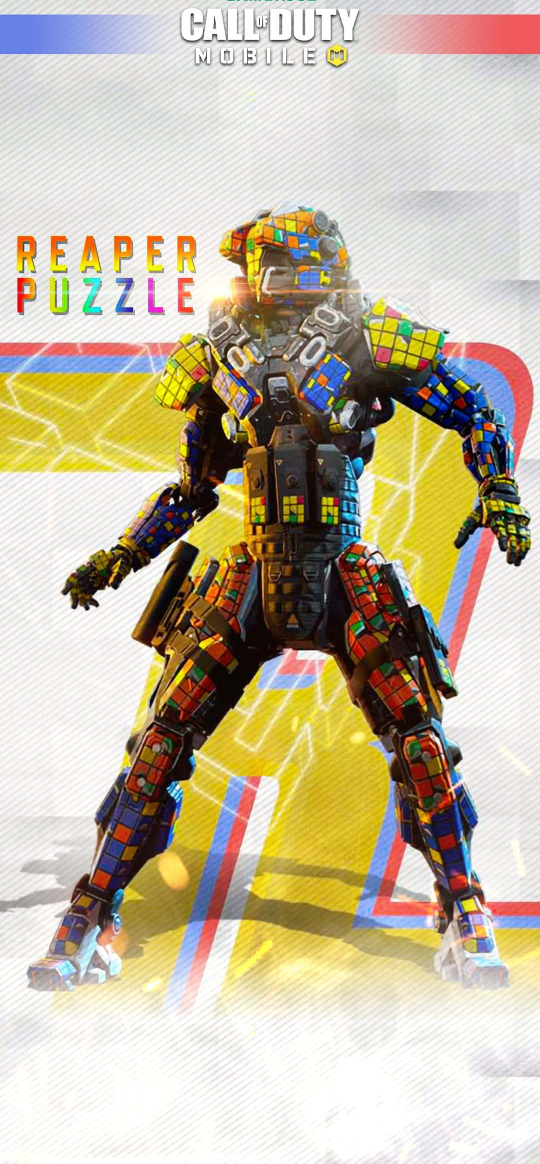 Cod Mobile Character Skins 桌布 壁紙 — 一名穿著魔術方塊主題盔甲的士兵在充滿活力的遊戲桌布中準備就緒。