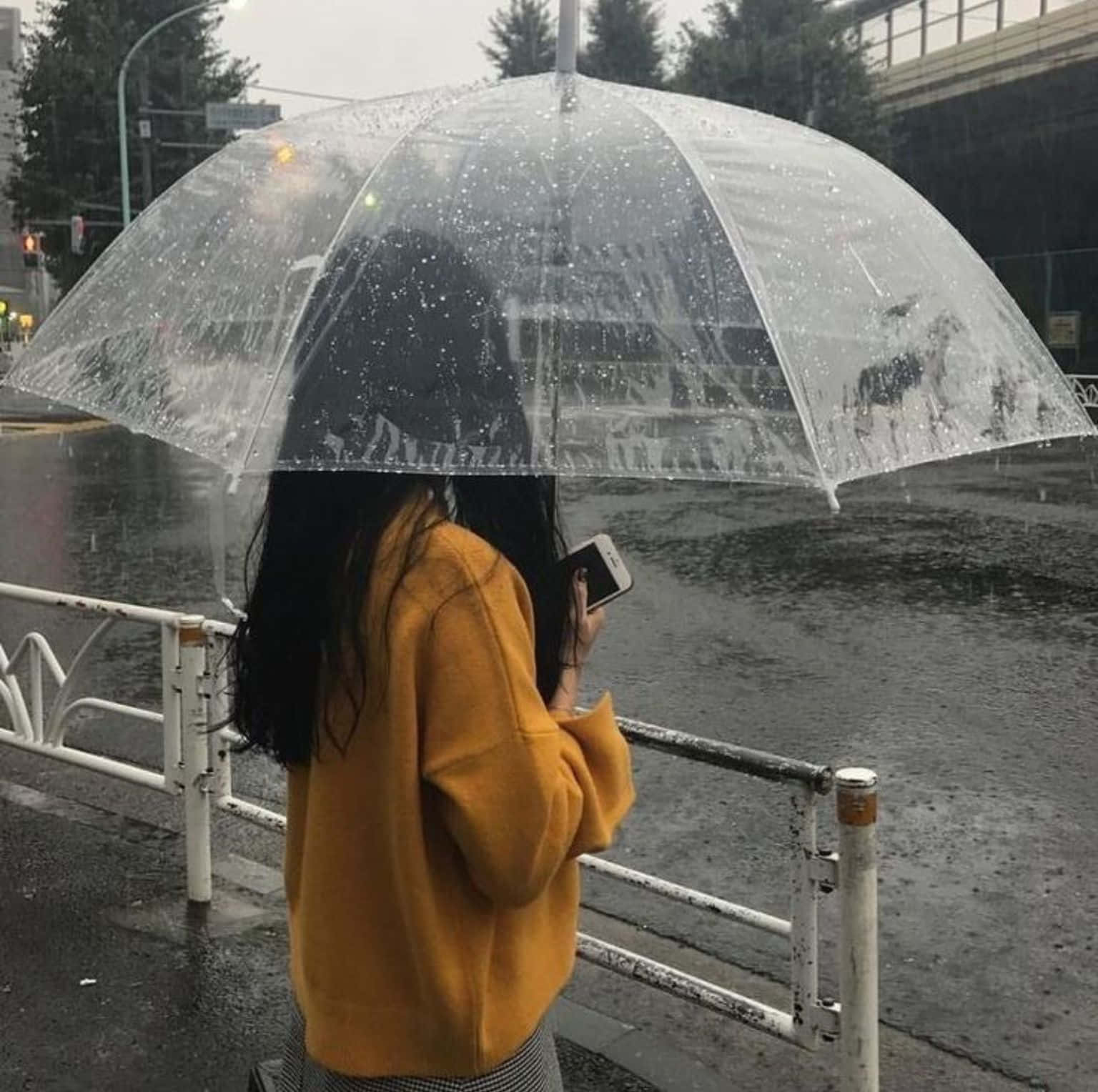 垃圾美學 桌布 壁紙 — 一名穿著黃色毛衣的人撐著透明雨傘，雨滴在潮濕的城市街道上順著傘面流下。