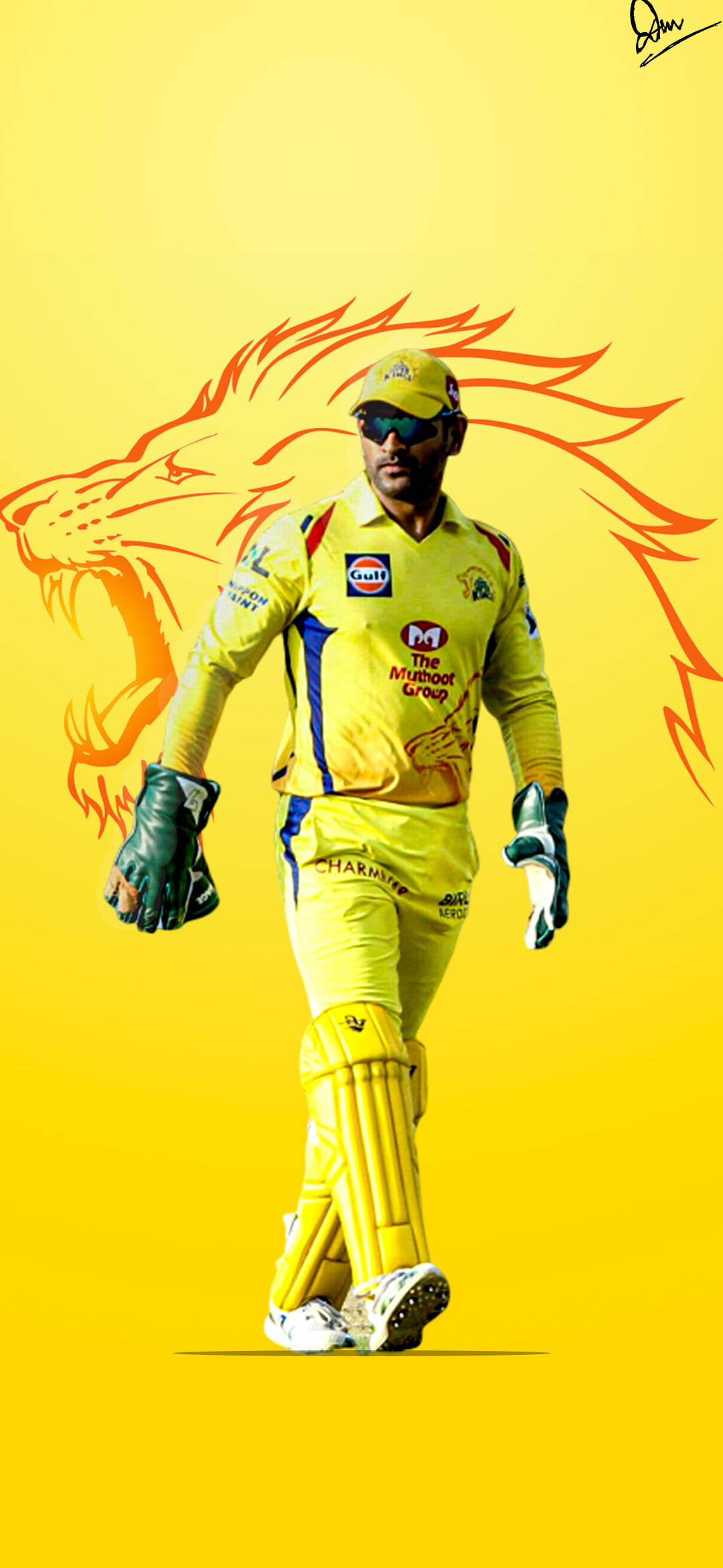 Super 桌布 壁紙 — 一名穿著黃色裝備的板球運動員在帶有火焰獅子圖案的鮮黃色背景下自信地大步走。