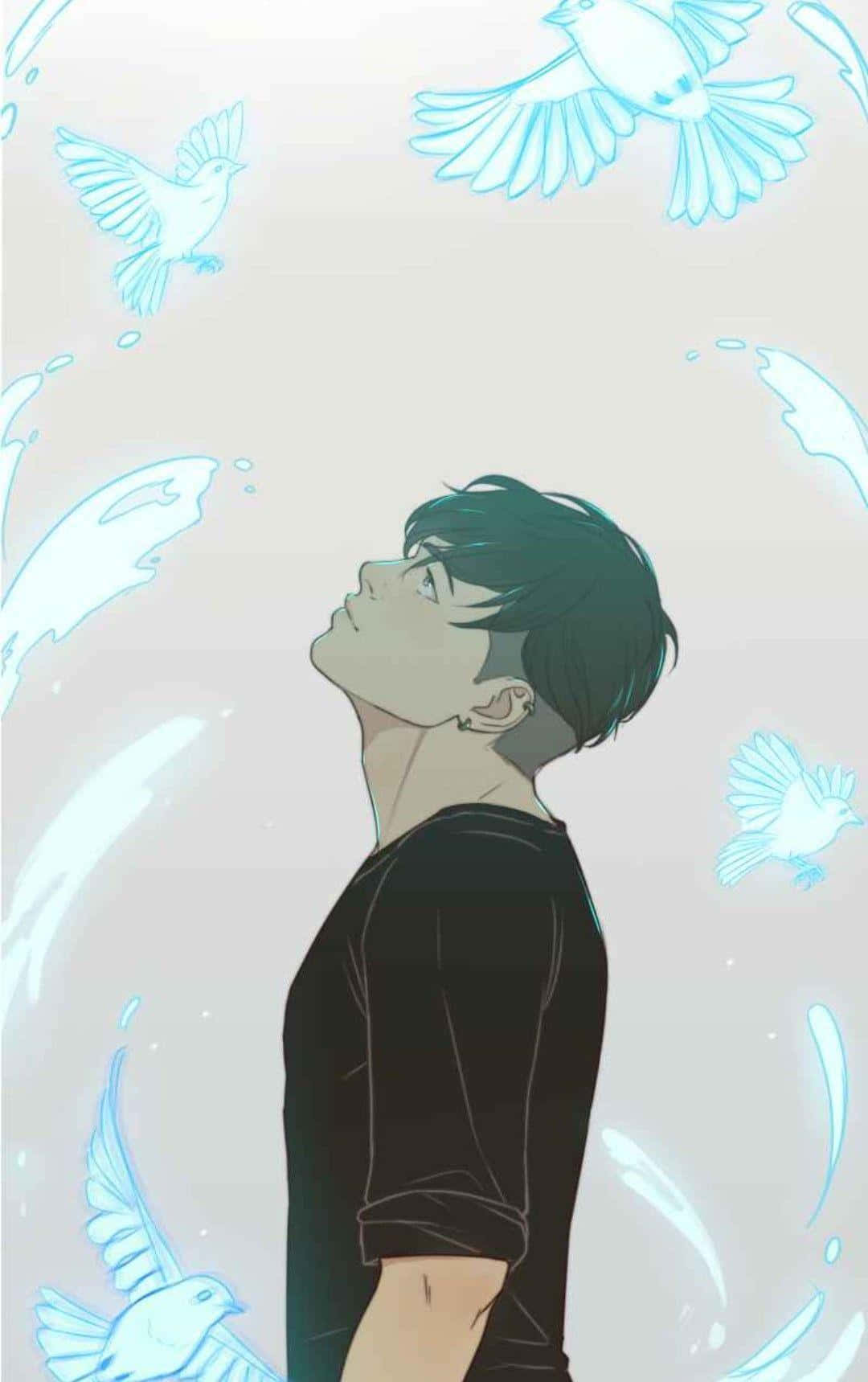 Unordinary 桌布 壁紙 — 一名穿著黑色襯衫的年輕男子抬頭仰望，發光的藍色鳥類和水滴在他周圍旋轉，構成寧靜的動畫場景。