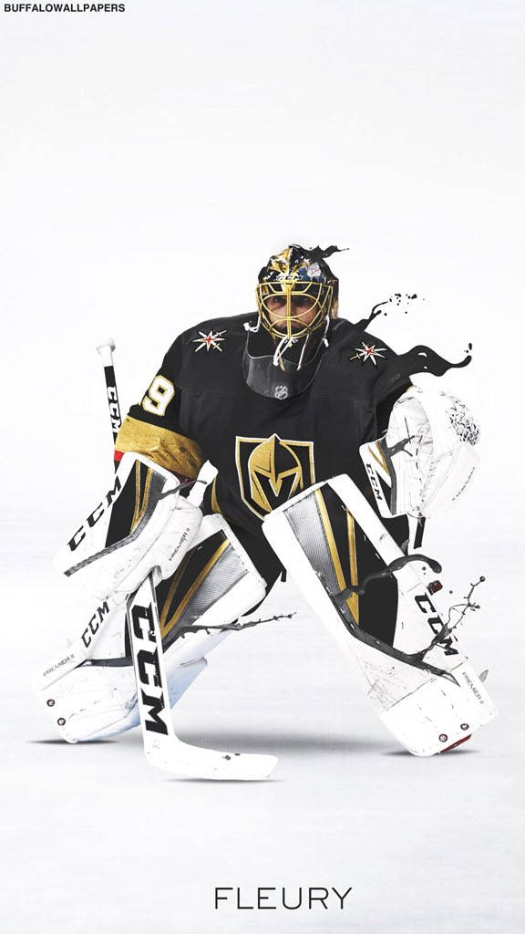hockey 桌布 壁紙 — 一名穿著黑金色裝備的冰球守門員在冰上低蹲，周圍有動態的顏料飛濺效果。