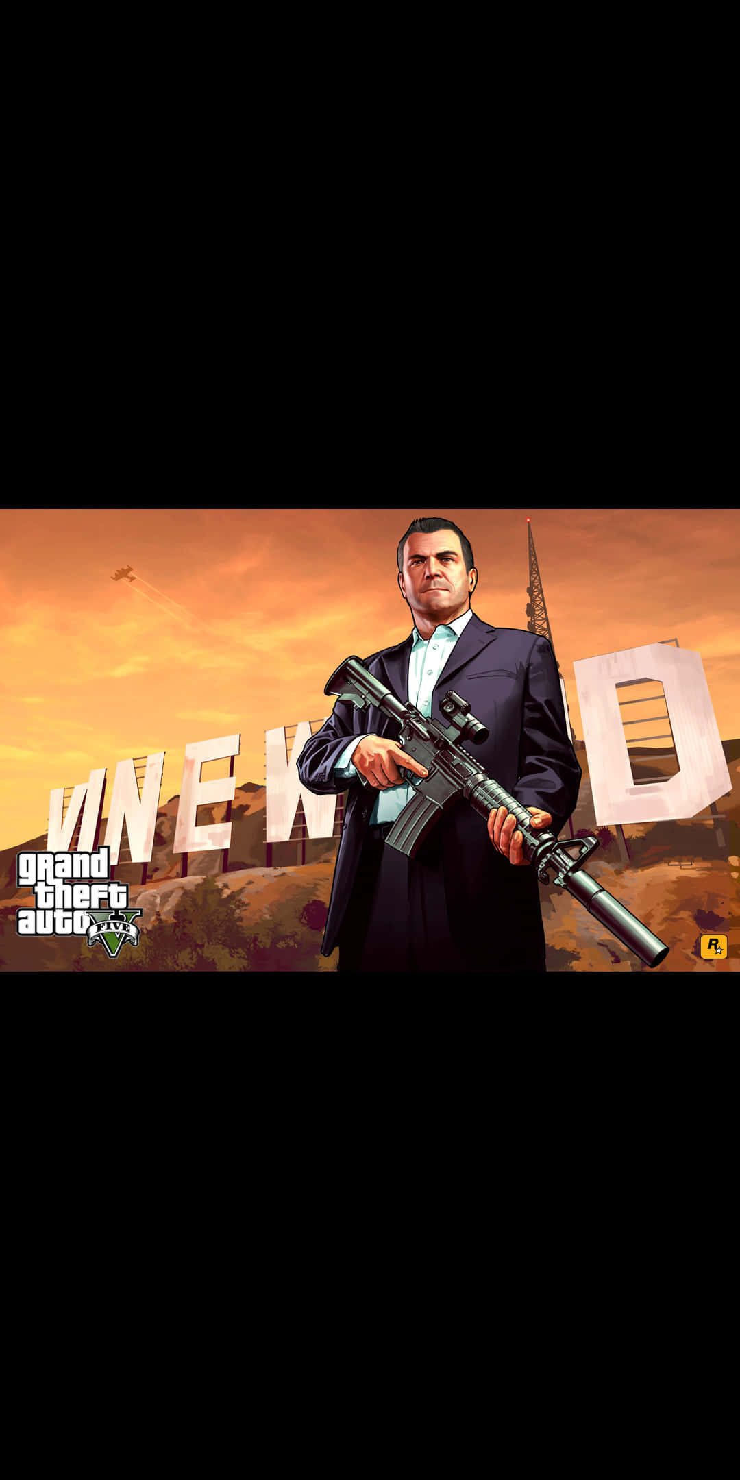 Pixel 3 Grand Theft Auto V 桌布 壁紙 — 一名穿西裝的男子在日落背景下持步槍，背景有「NEW D」字母和教堂尖頂。