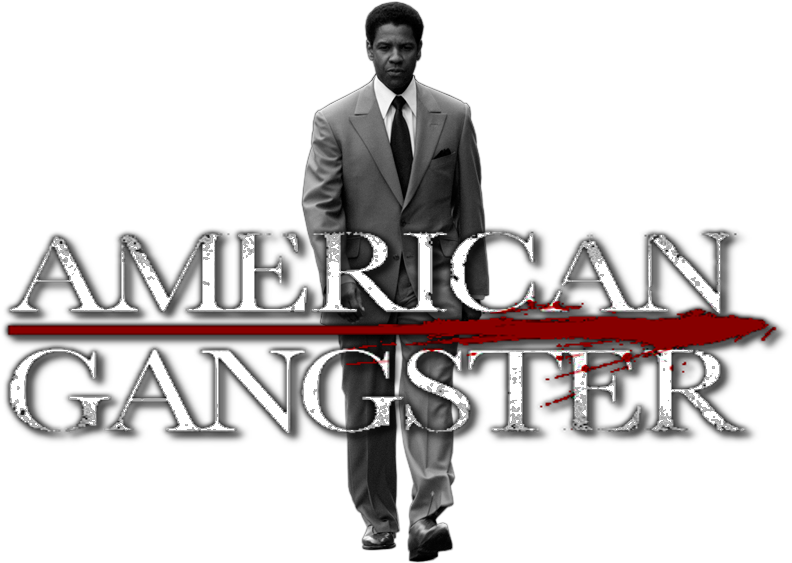 黑幫動圖 桌布 壁紙 — 一名穿西裝的男子站在粗體文字「AMERICAN GANGSTER」後面，標題上有一條紅色斜線。