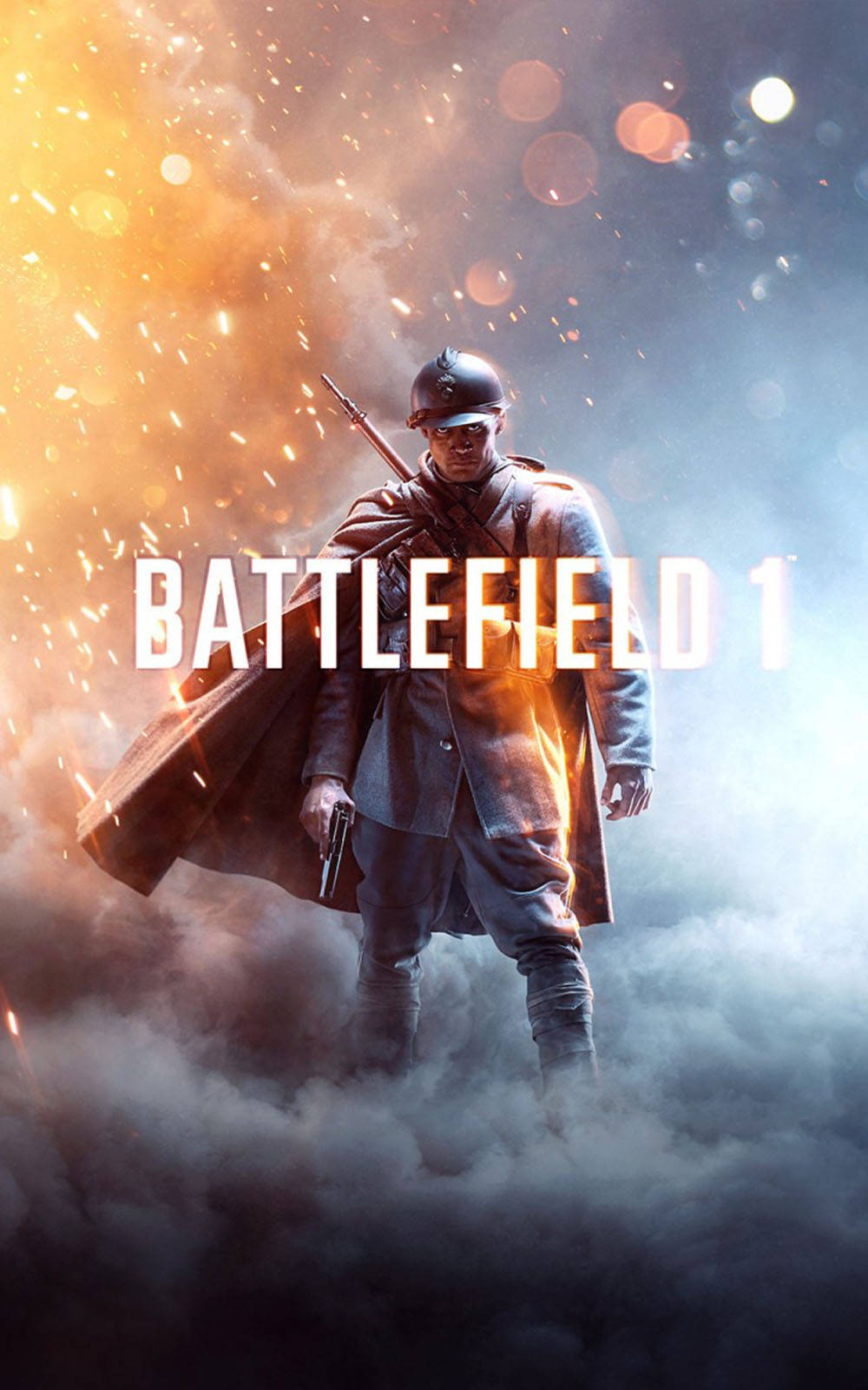 Battlefield 桌布 壁紙 — 一名第一次世界大戰的士兵在煙霧和火焰中挑釁地站立，火花在他周圍飛舞，天空戲劇性十足。