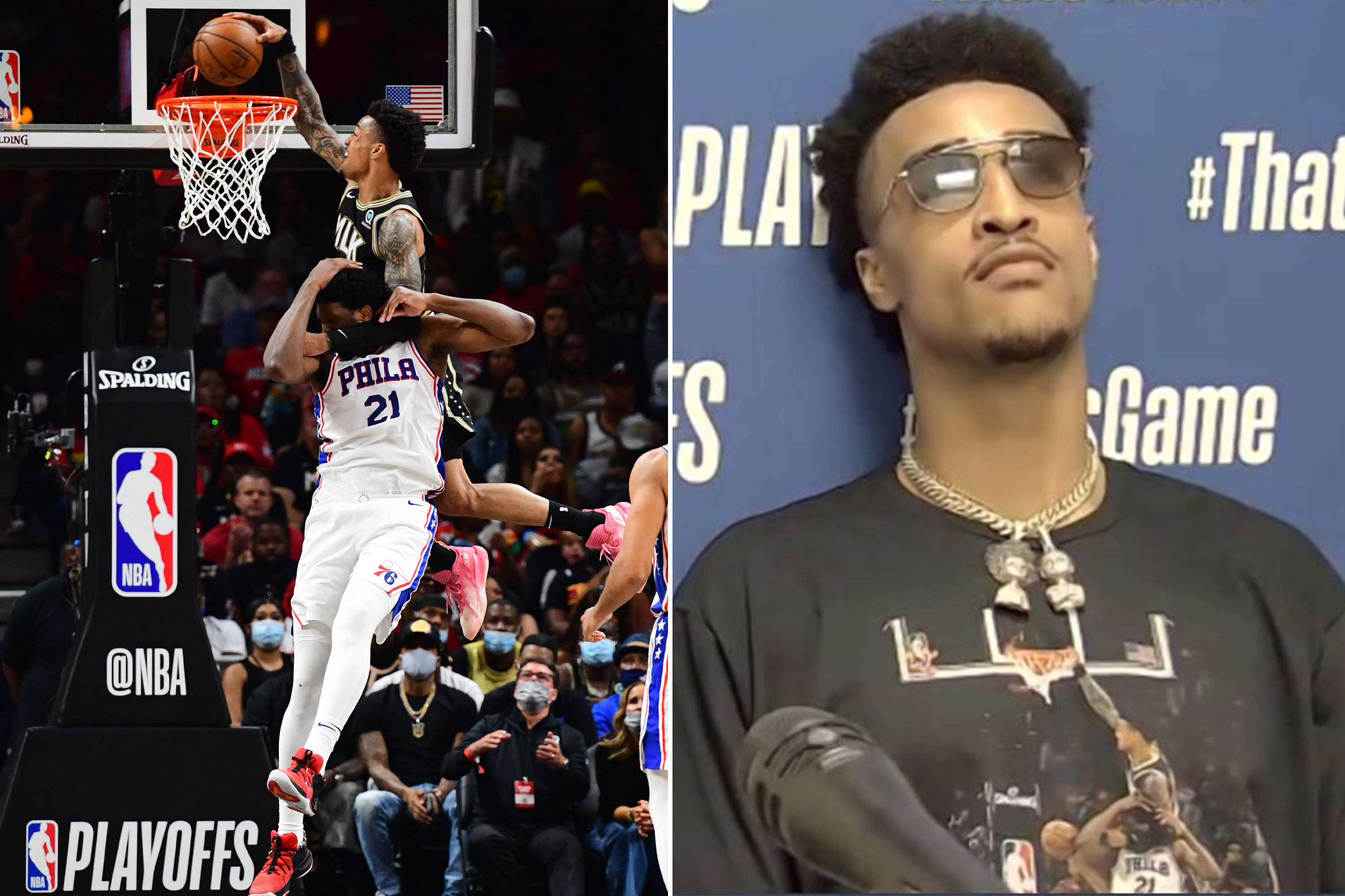 John Collins 桌布 壁紙 — 一名籃球運動員在NBA季後賽中灌籃，隊友在旁觀看，分屏顯示一名戴太陽眼鏡的球員在記者會上。