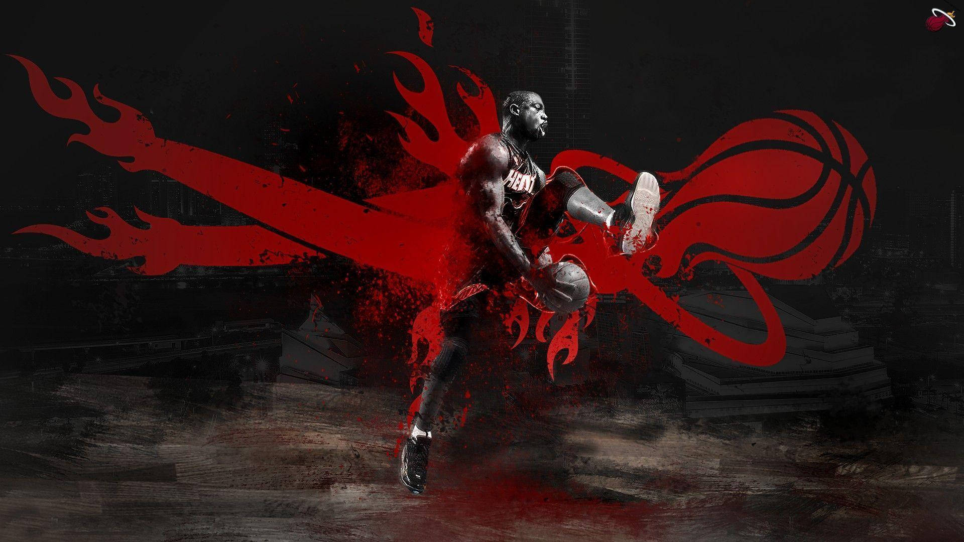 NBA 桌布 壁紙 — 一名籃球運動員在半空中，帶有紅色火焰和球體圖案，背景為暗色粗糙質感。