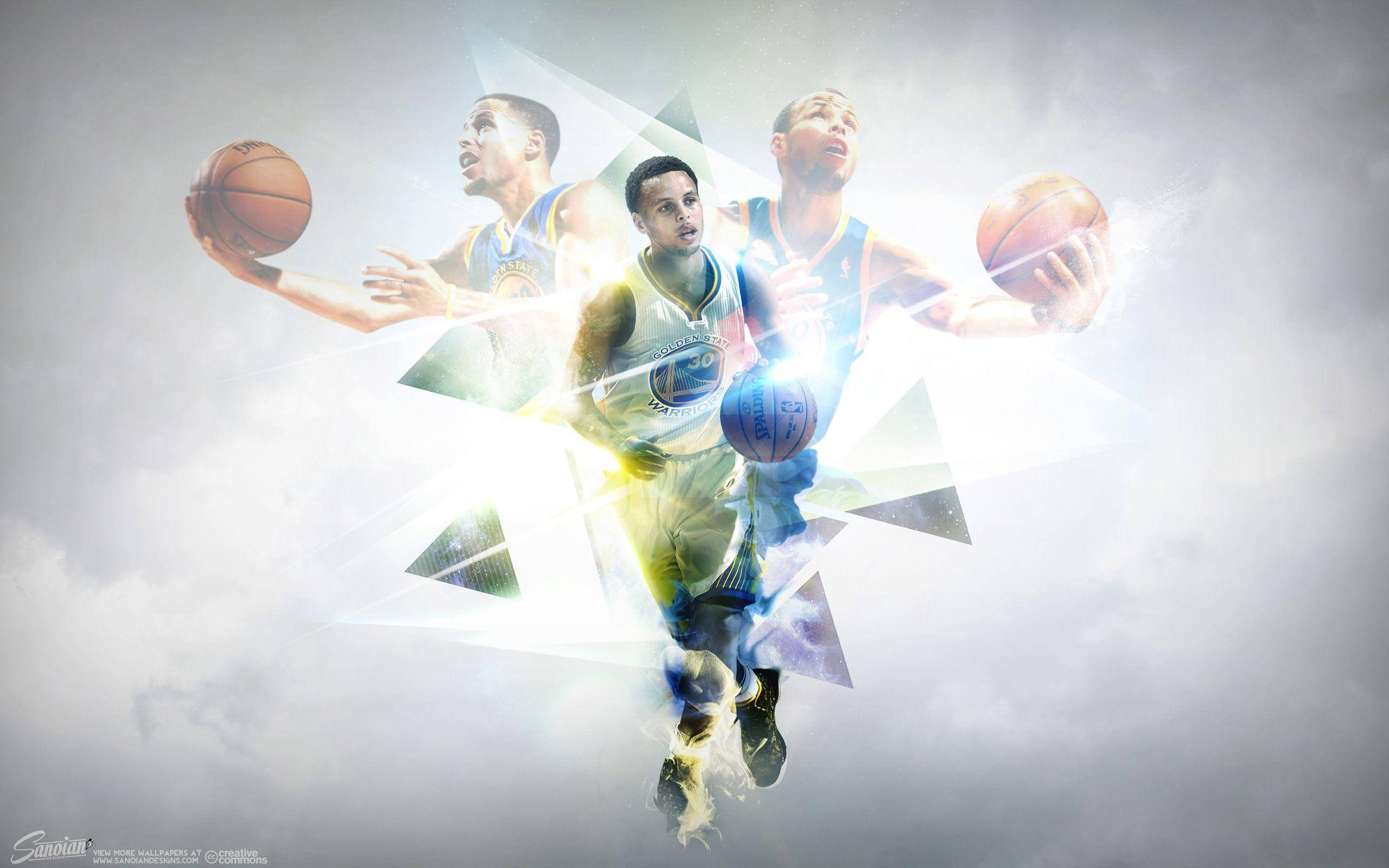 Curry 桌布 壁紙 — 一名籃球運動員在半空中，被發光的幾何碎片和多個半透明動作姿勢包圍，背景是多雲的天空。