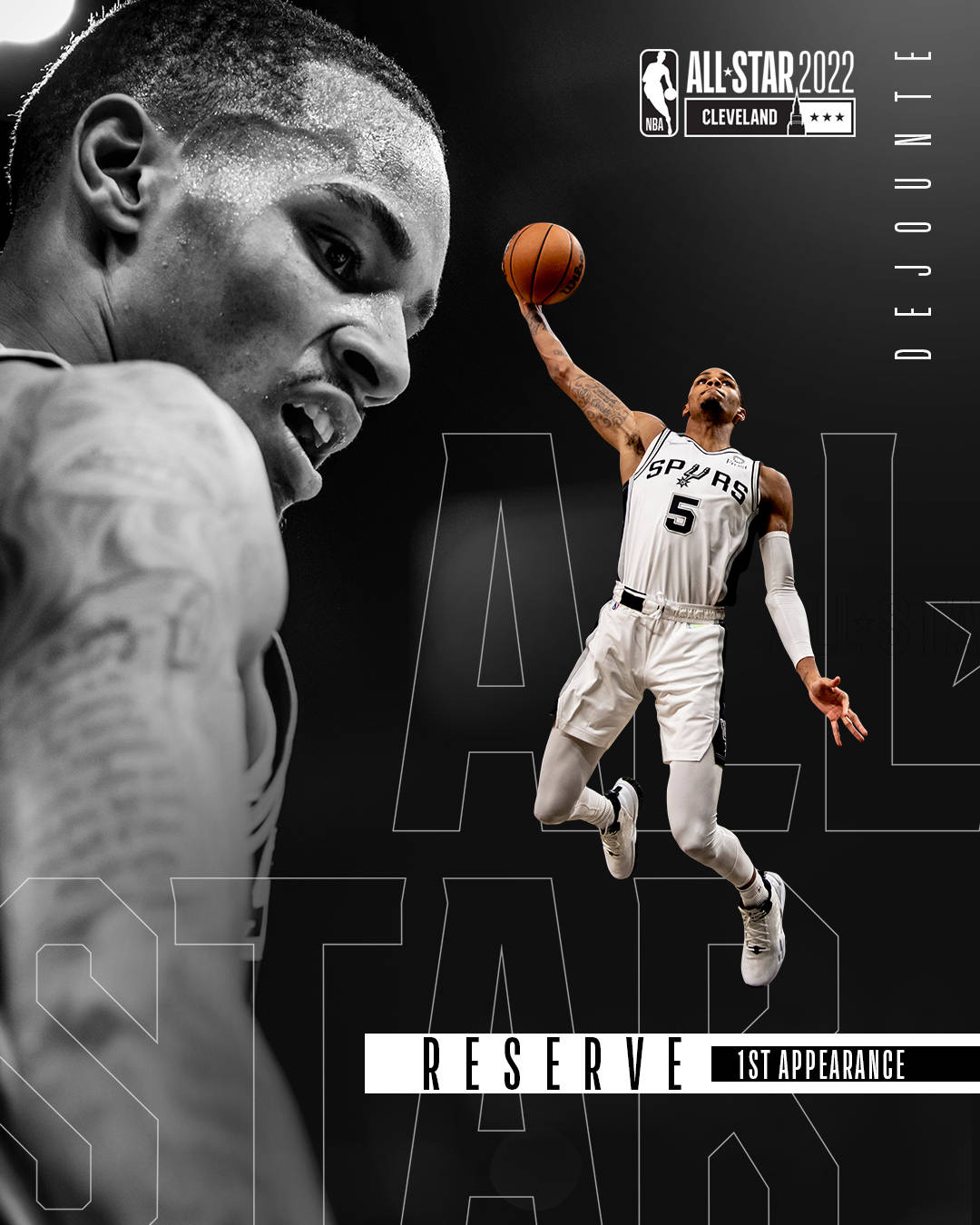 Dejounte Murray 桌布 壁紙 — 一名籃球運動員在半空中投籃，而他的面部特寫佔據左側，背景為深色。