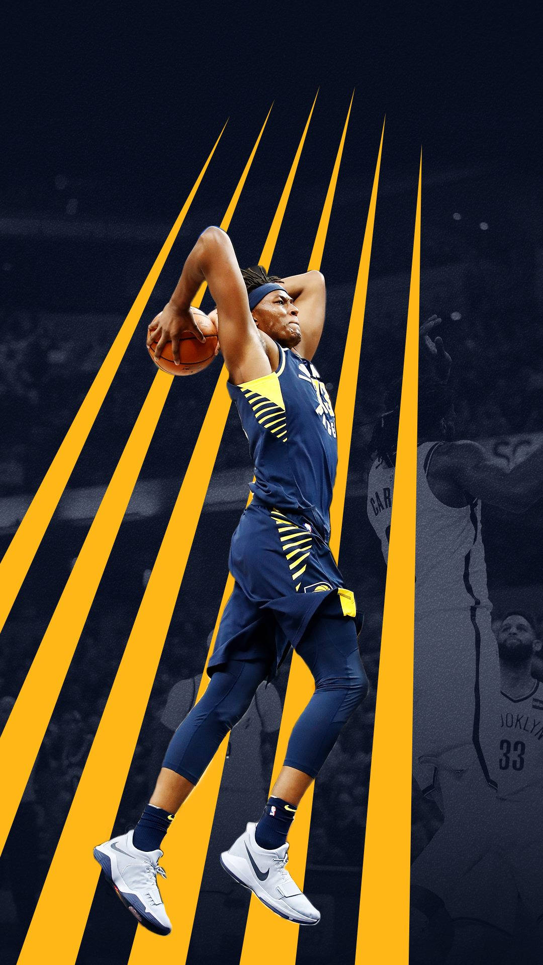 myles turner 桌布 壁紙 — 一名籃球運動員在半空中投籃，背景為大膽的黃黑條紋。