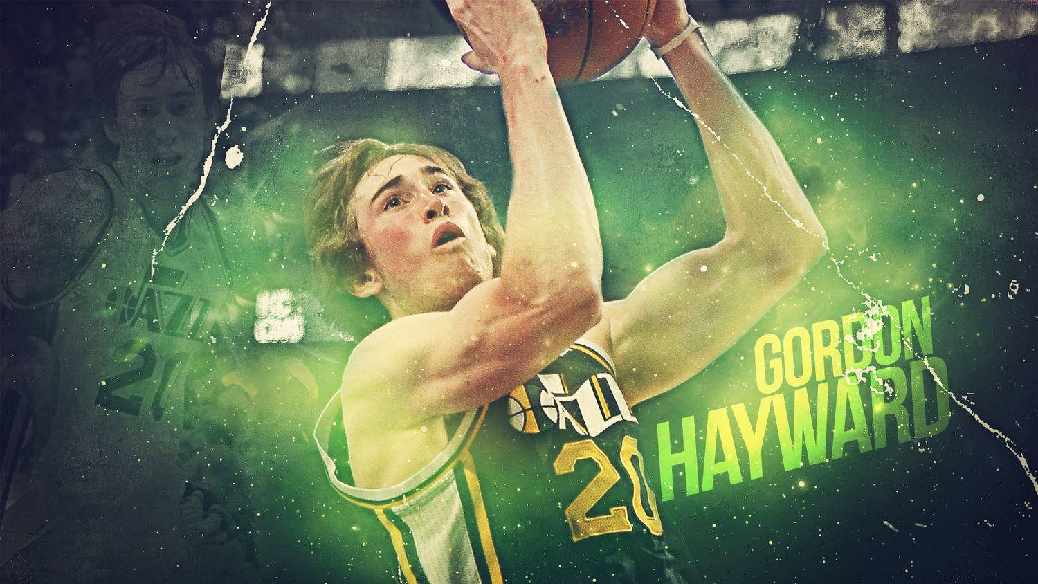 gordon hayward 桌布 壁紙 — 一名籃球運動員在半空中灌籃，專注力極強，背景是綠色發光效果。