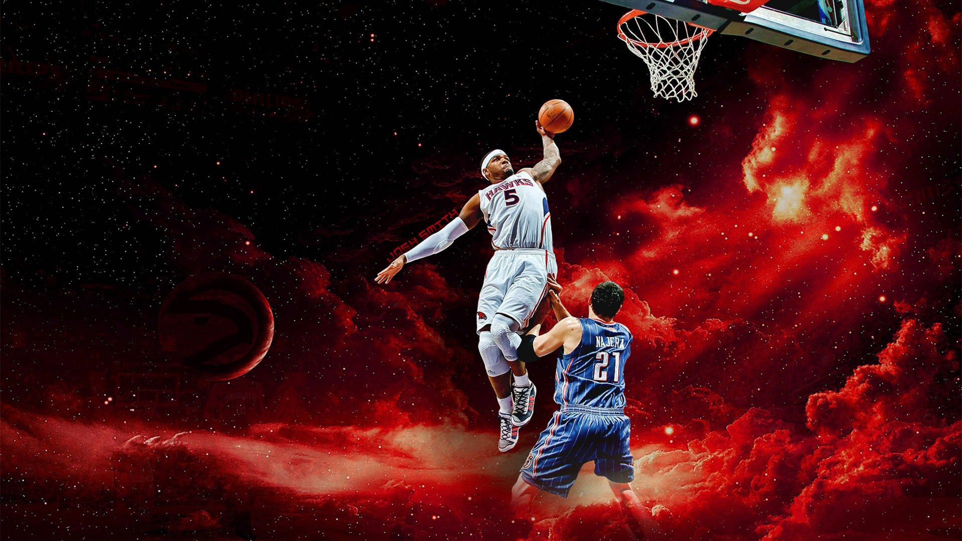 NBA 桌布 壁紙 — 一名籃球運動員在半空中灌籃，背景是宇宙紅色星雲，下方有對手防守球員。