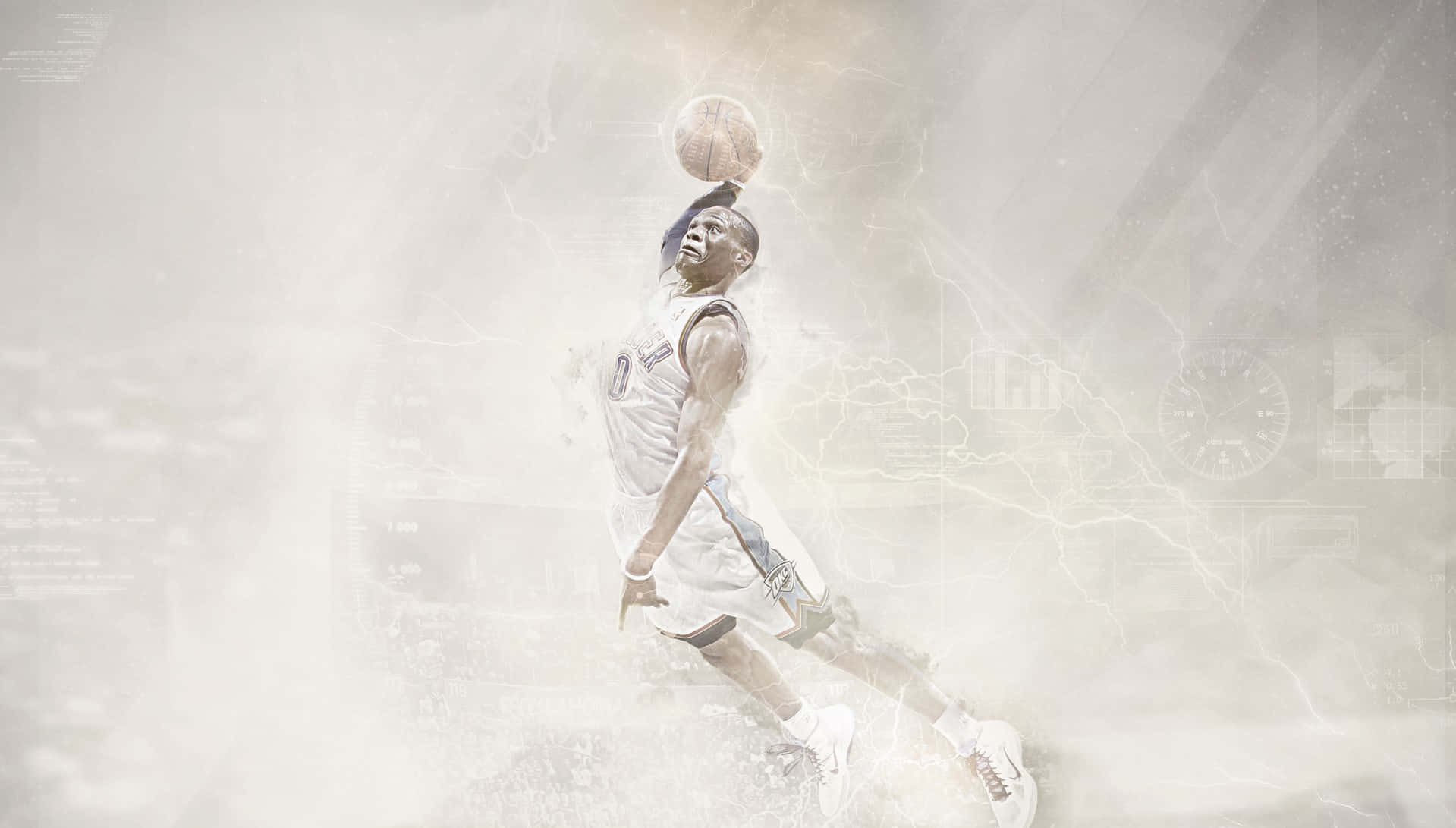 NBA 桌布 壁紙 — 一名籃球運動員在半空中運球，帶有發光能量效果和數位疊加，採用高對比度單色風格。