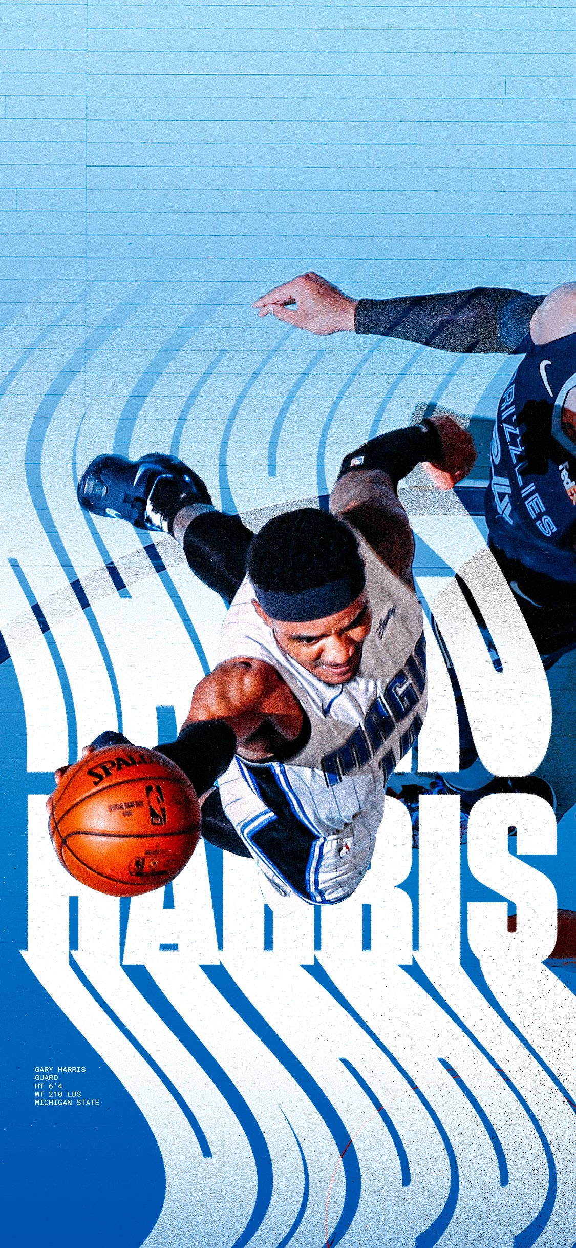 gary harris 桌布 壁紙 — 一名籃球運動員在半空中運球，背景為風格化的藍色背景，帶有動態的白色波浪圖案。
