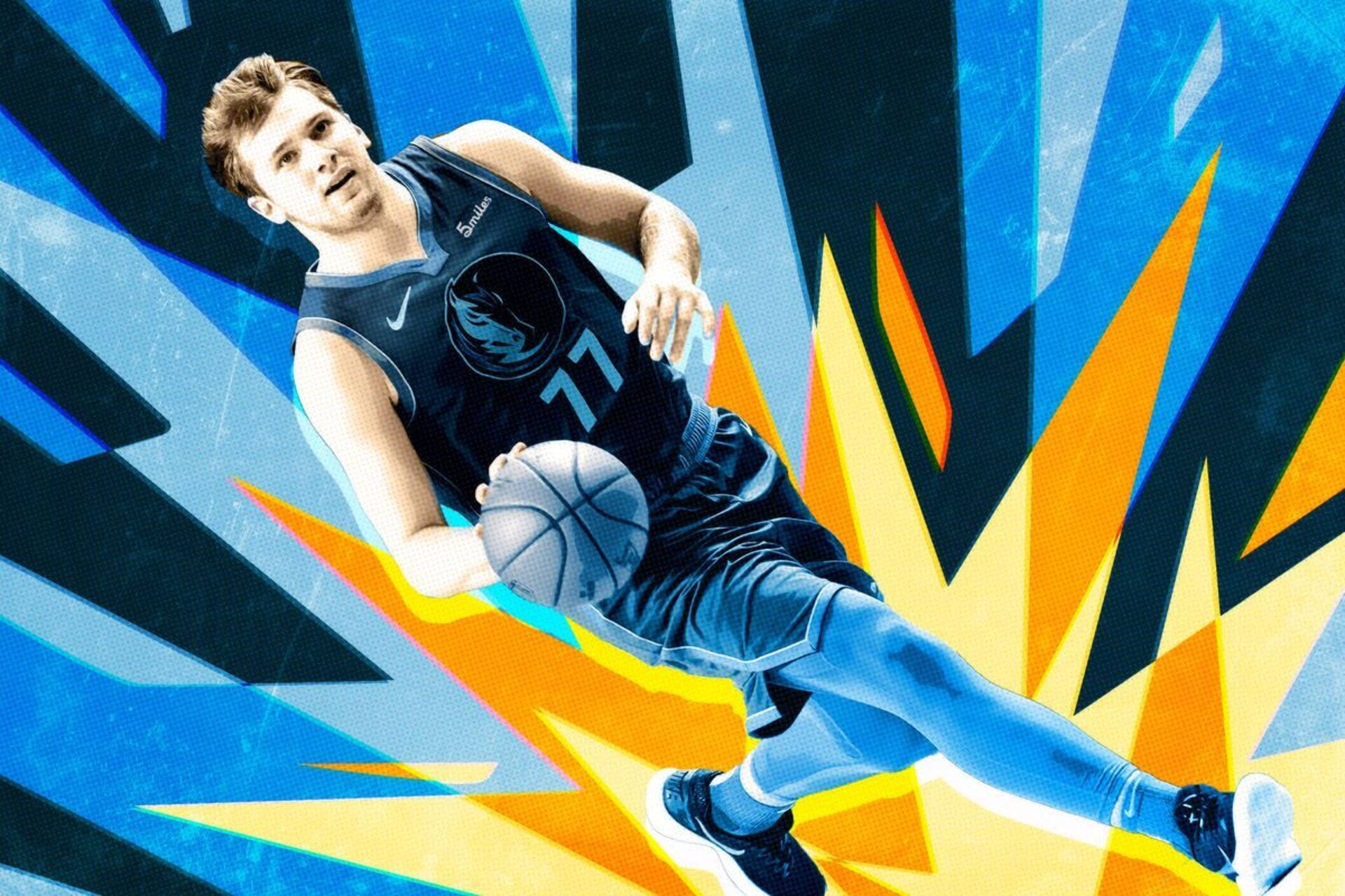 Luka 桌布 壁紙 — 一名籃球運動員在半空中運球，背景是藍色和橙色幾何爆發的鮮豔抽象背景。