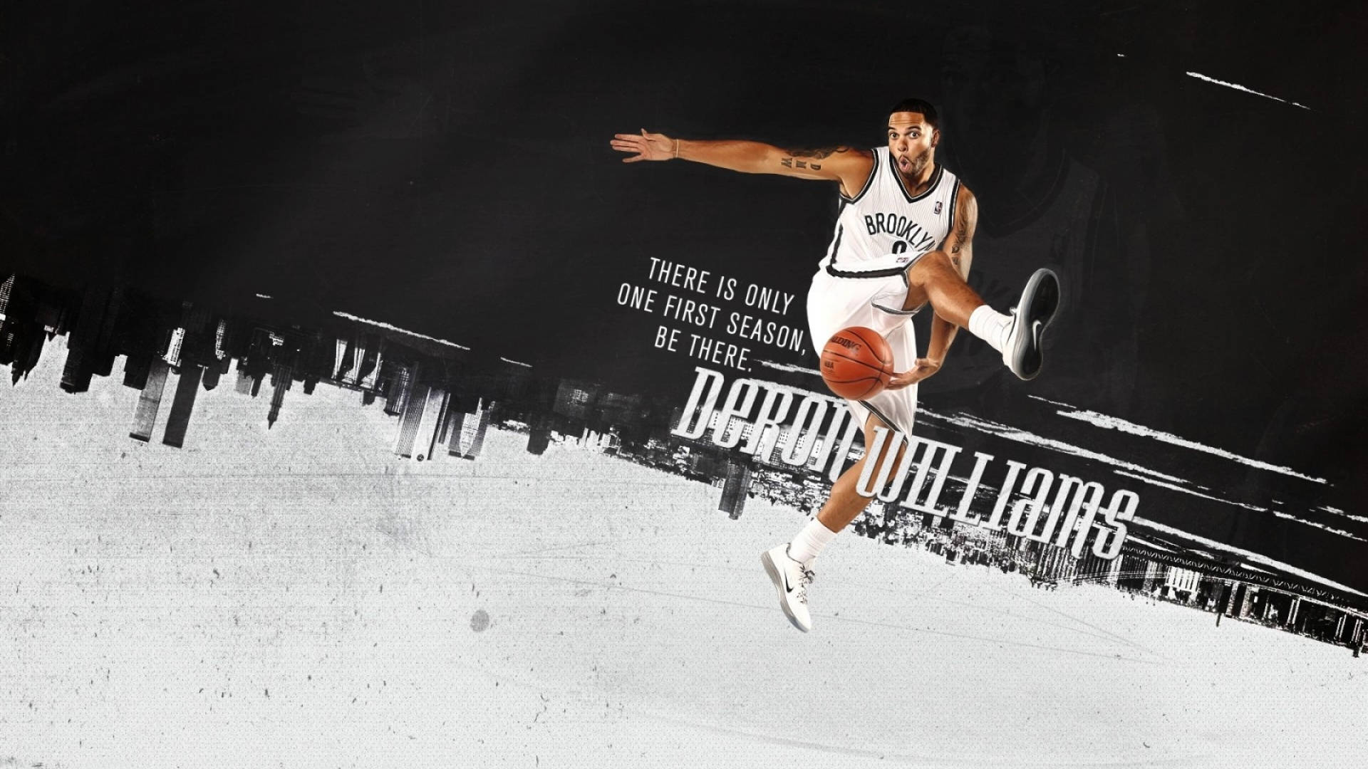 Brooklyn 桌布 壁紙 — 一名籃球運動員在半空中運球，背景是風格化的黑白城市景觀，並帶有粗體文字。
