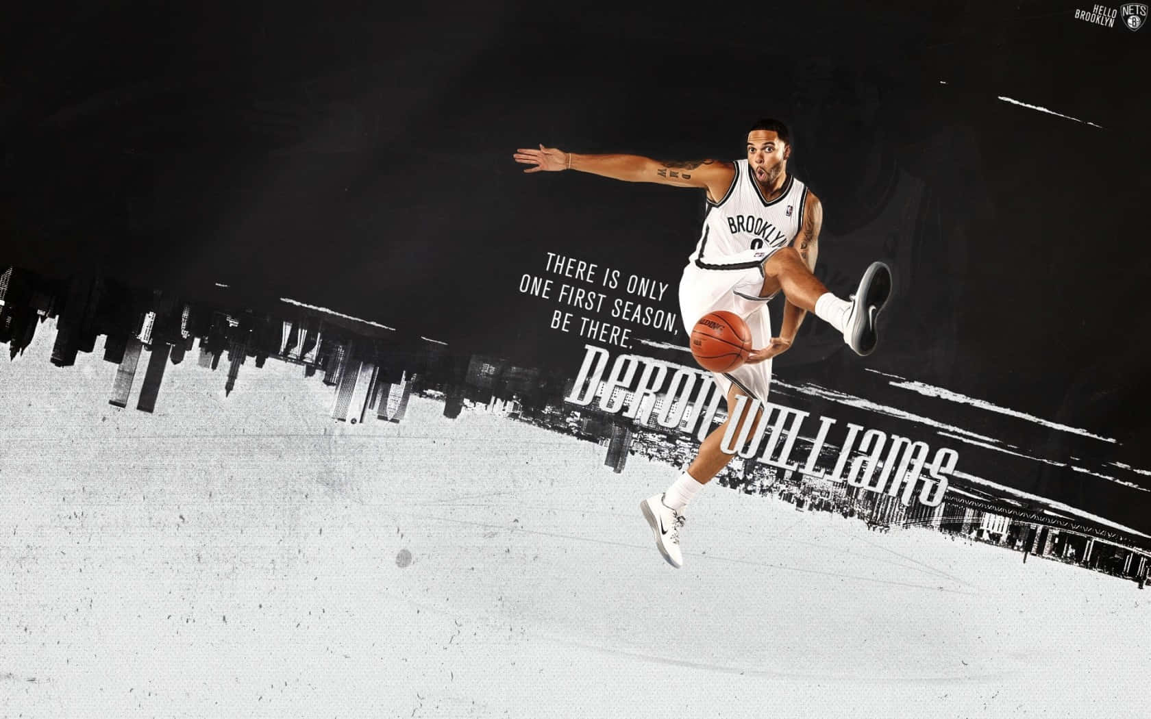 Brooklyn Nets 桌布 壁紙 — 一名籃球運動員在半空中運球，背景是風格化的黑白城市天際線。
