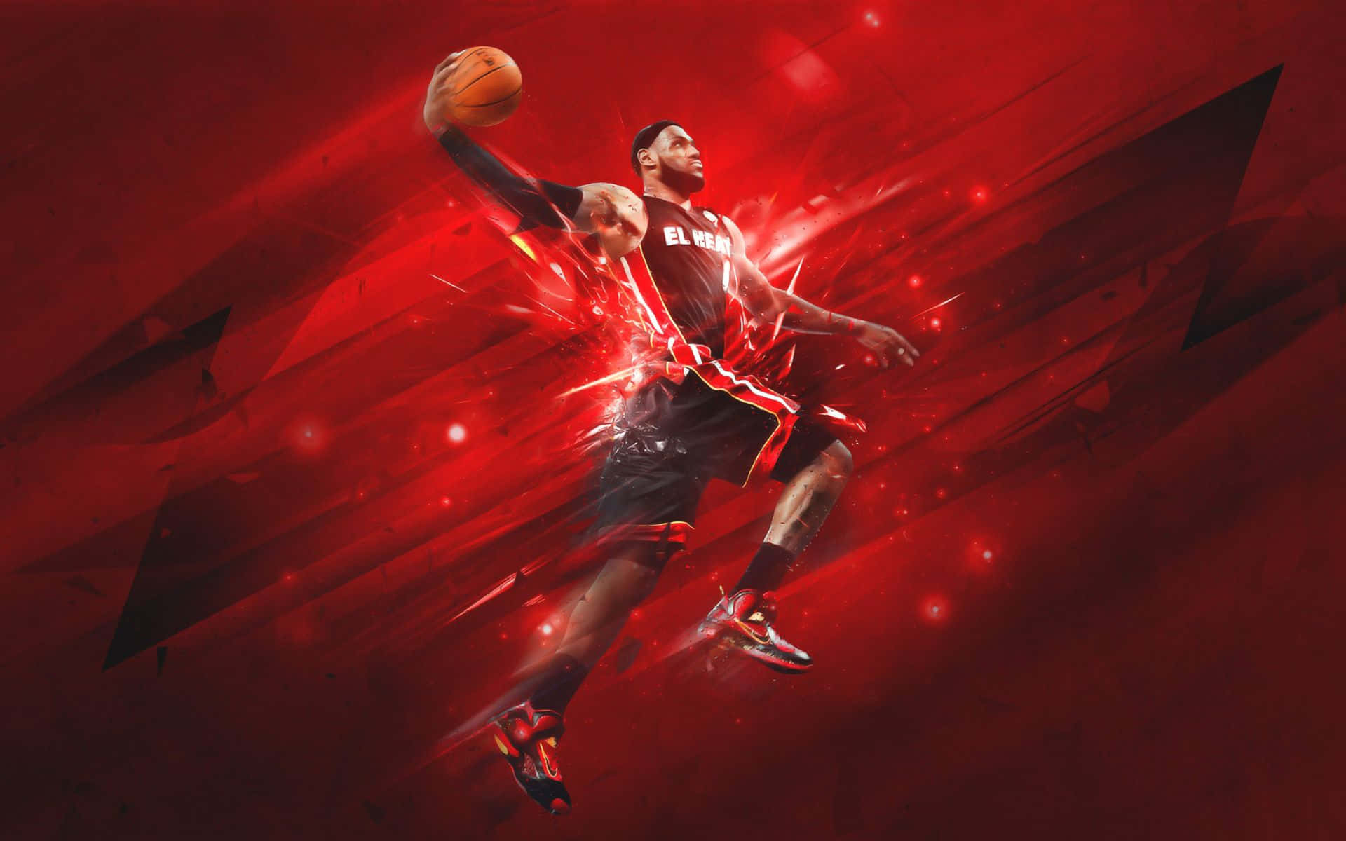All Sports 桌布 壁紙 — 一名籃球運動員在半空中運球，背景是動態的紅色抽象背景，帶有發光的能量效果。