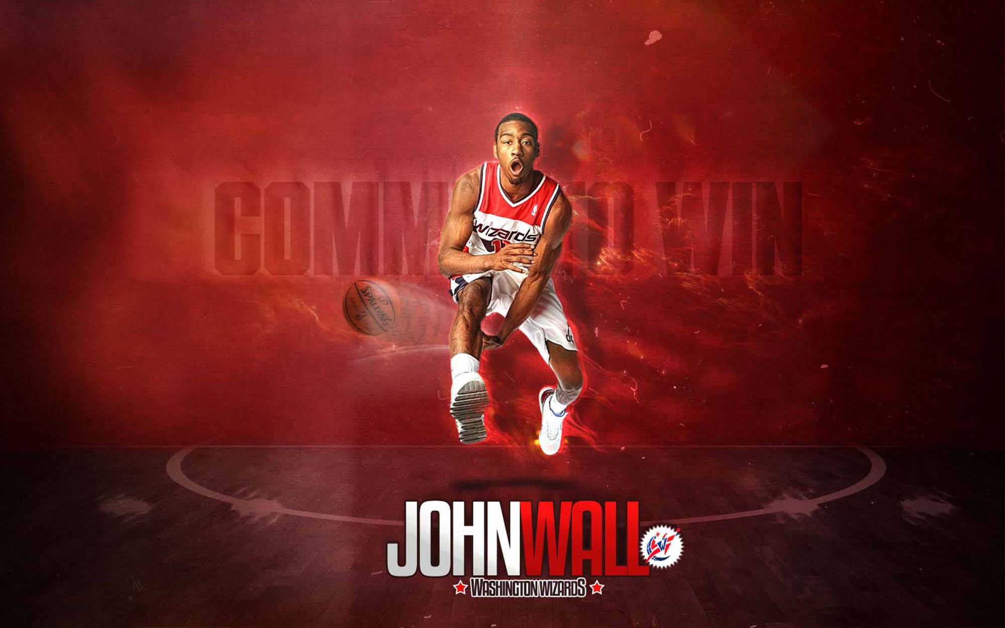 John Wall 桌布 壁紙 — 一名籃球運動員在半空中運球，身後有火紅色的煙霧和「COMMIT TO WIN」字樣。