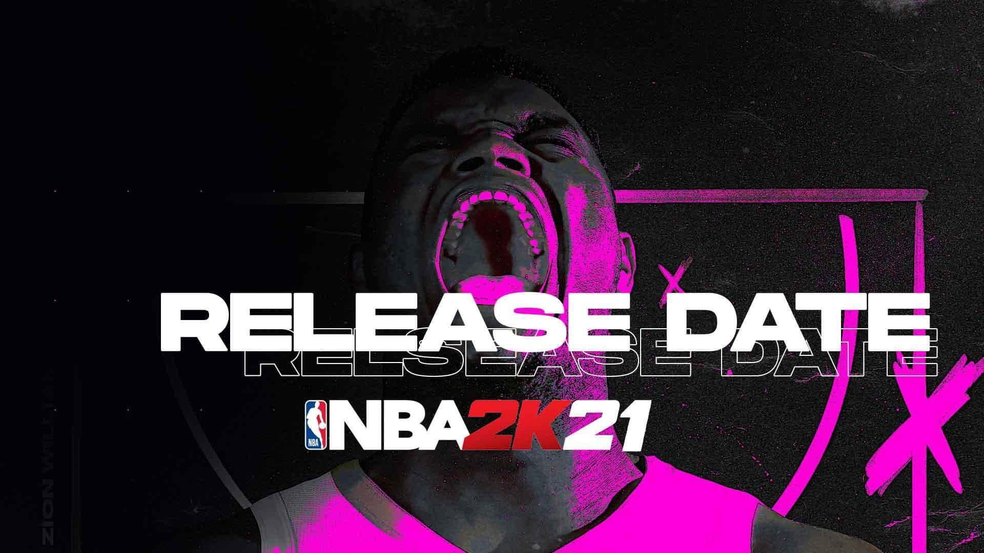 NBA 2k21 桌布 壁紙 — 一名籃球運動員在強烈的粉紅色和黑色燈光下尖叫，並帶有 'RELEASE DATE NBA 2K21' 文字疊加。