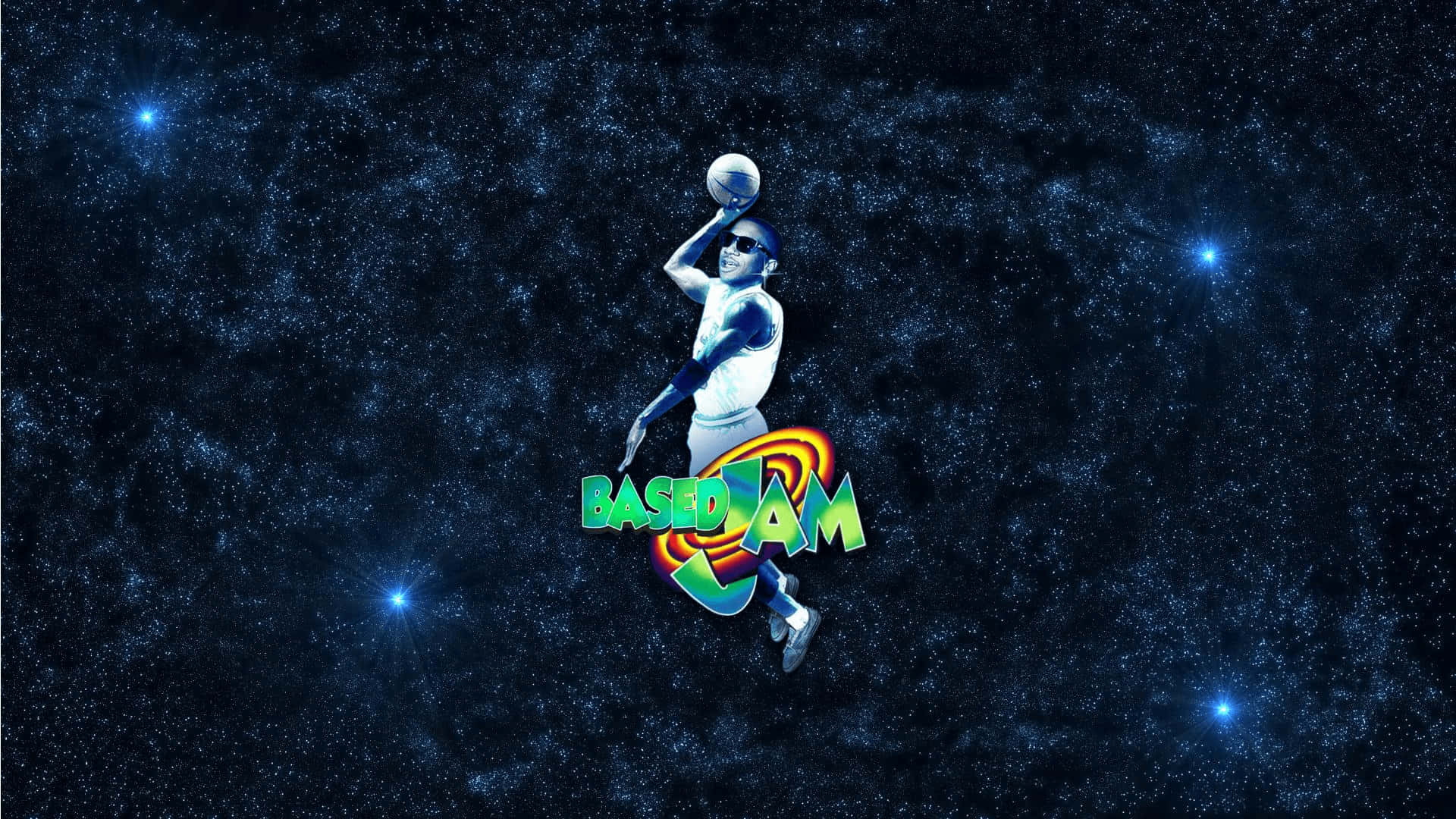  壁紙 — 一名籃球運動員在星空宇宙背景中騰空，帶有發光的「BASED AM」標誌。