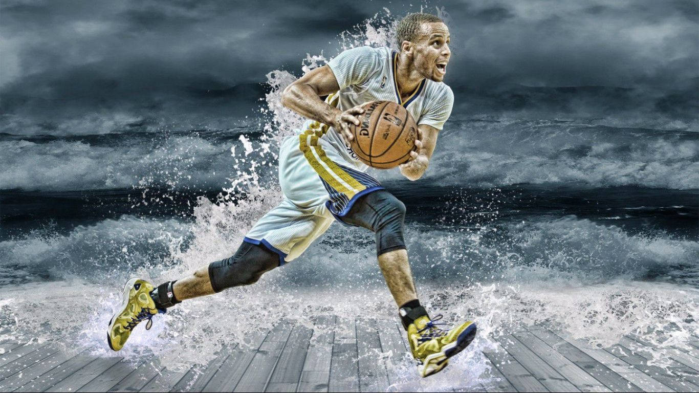 Curry 桌布 壁紙 — 一名籃球運動員在暴風雨的天空下，在木製碼頭上衝過破碎的海浪。