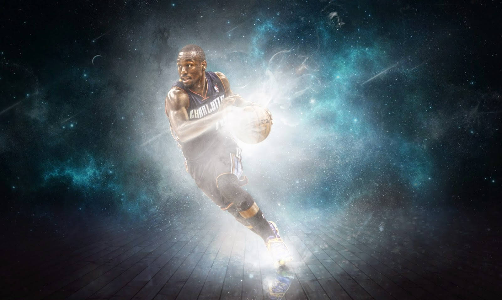 Kemba Walker 桌布 壁紙 — 一名籃球運動員在木地板上運球，在星雲背景下散發著宇宙能量。