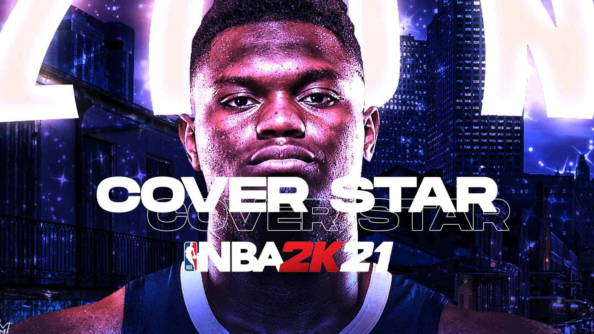 NBA 桌布 壁紙 — 一名籃球運動員在發光的城市天際線前強烈凝視，帶有 'COVER STAR NBA 2K21' 文字。