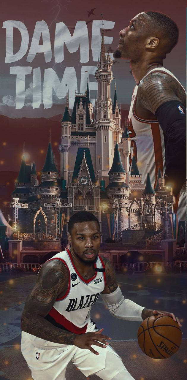 Damian 桌布 壁紙 — 一名籃球運動員在發光的迪士尼城堡前運球，上方有 'DAME TIME' 文字。