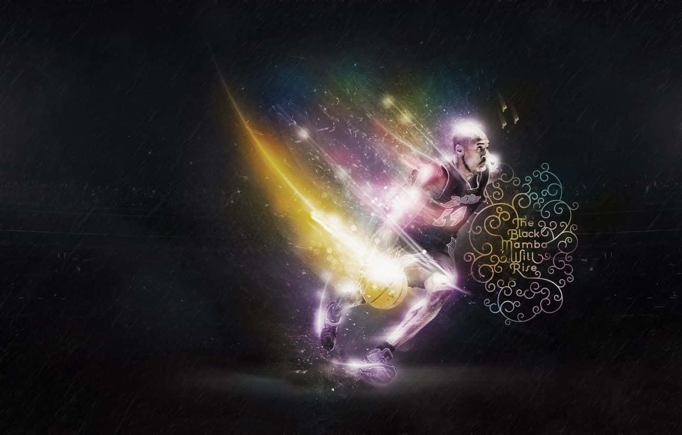桌布 壁紙 — 一名籃球運動員在雨中移動，散發出鮮豔的光跡，背景黑暗，帶有'The Black Mamba'文字。