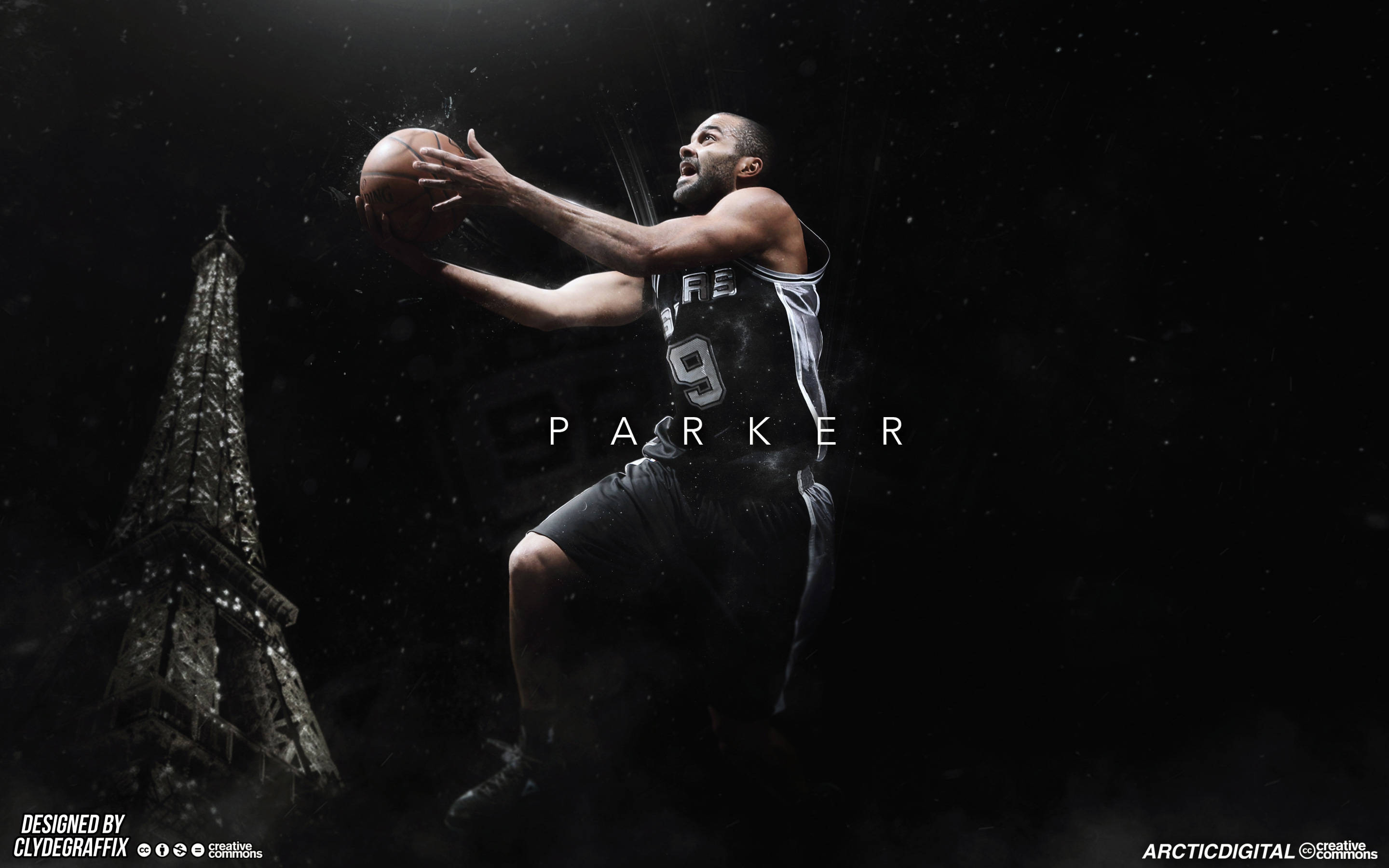 Tony Parker 桌布 壁紙 — 一名籃球運動員在黑暗背景下動態跳躍，背後可見艾菲爾鐵塔。