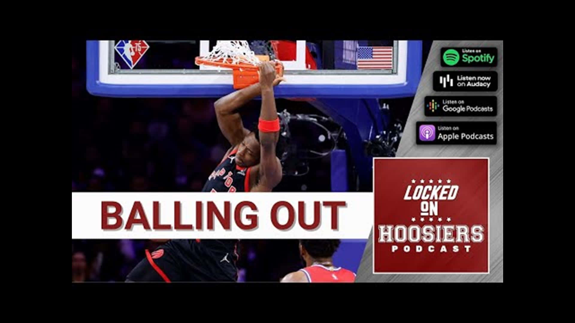 NBA 桌布 壁紙 — 一名籃球運動員大力灌籃，同時有播客圖形疊加在場景上。