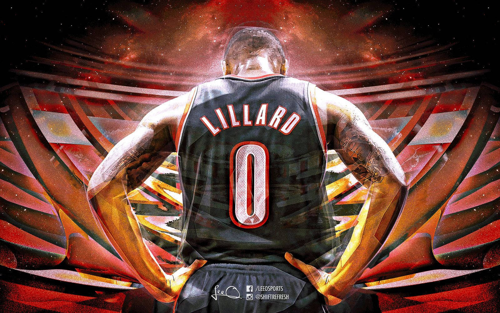 NBA 桌布 壁紙 — 一名籃球運動員穿著黑色Lillard 0球衣，雙手叉腰，站在宇宙紅金抽象背景前。