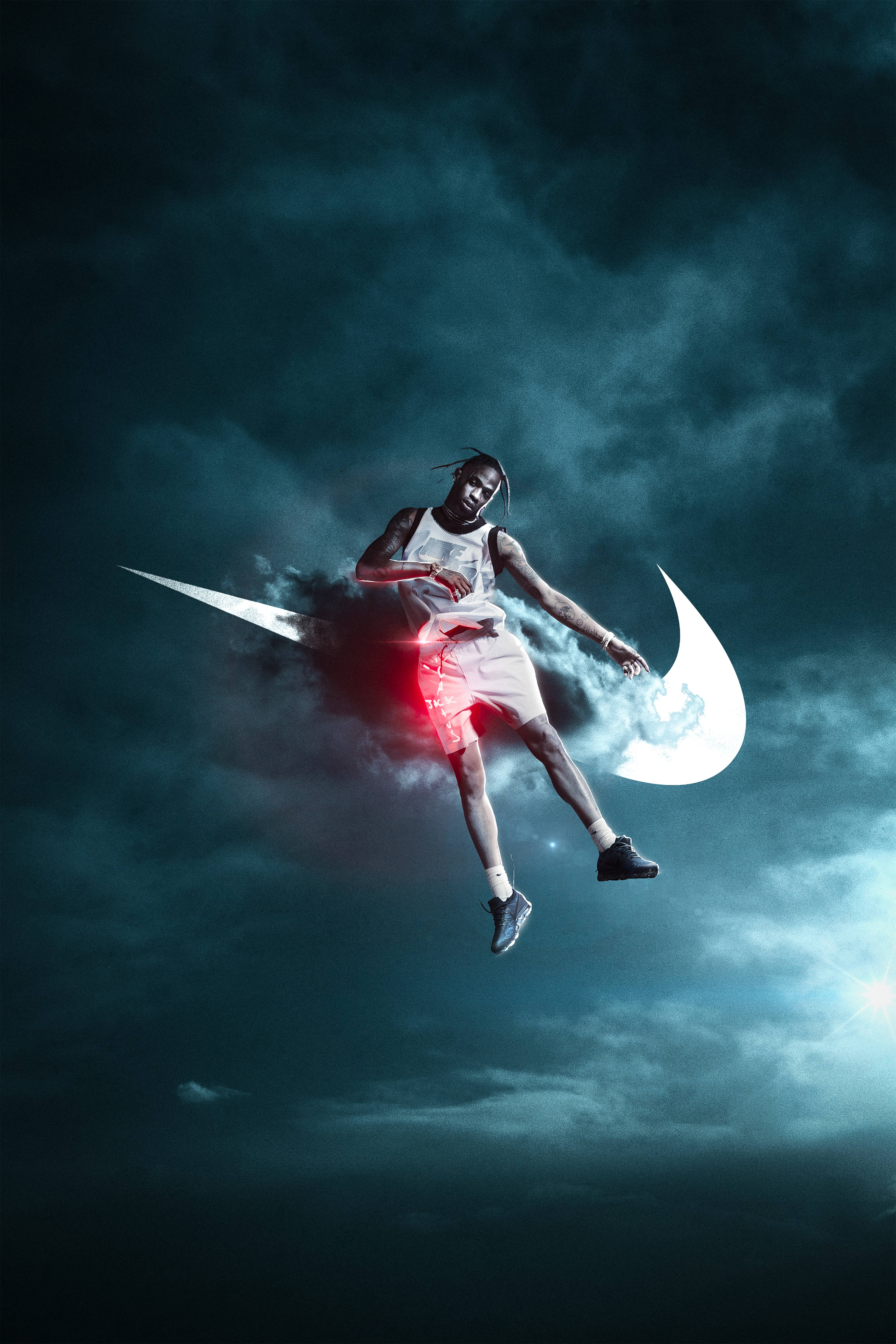 Nike iPhone 桌布 壁紙 — 一名籃球運動員穿過暴風雲層跳躍，身後形成發光的Nike勾勾。