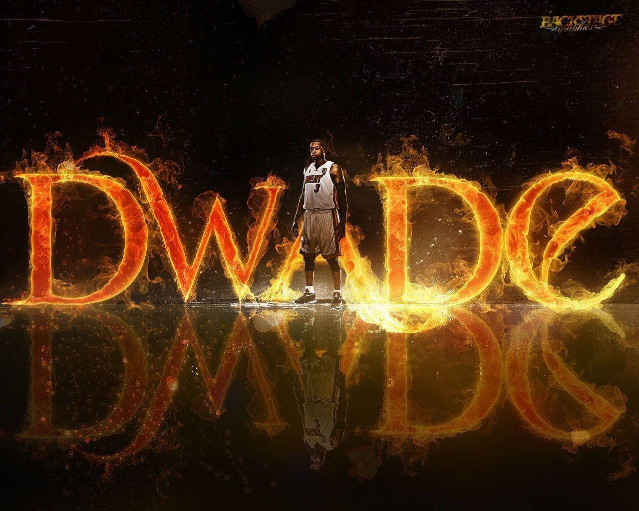 NBA 桌布 壁紙 — 一名籃球運動員站在拼出 'DWADE' 的熾熱發光字母前，下方有反射表面。