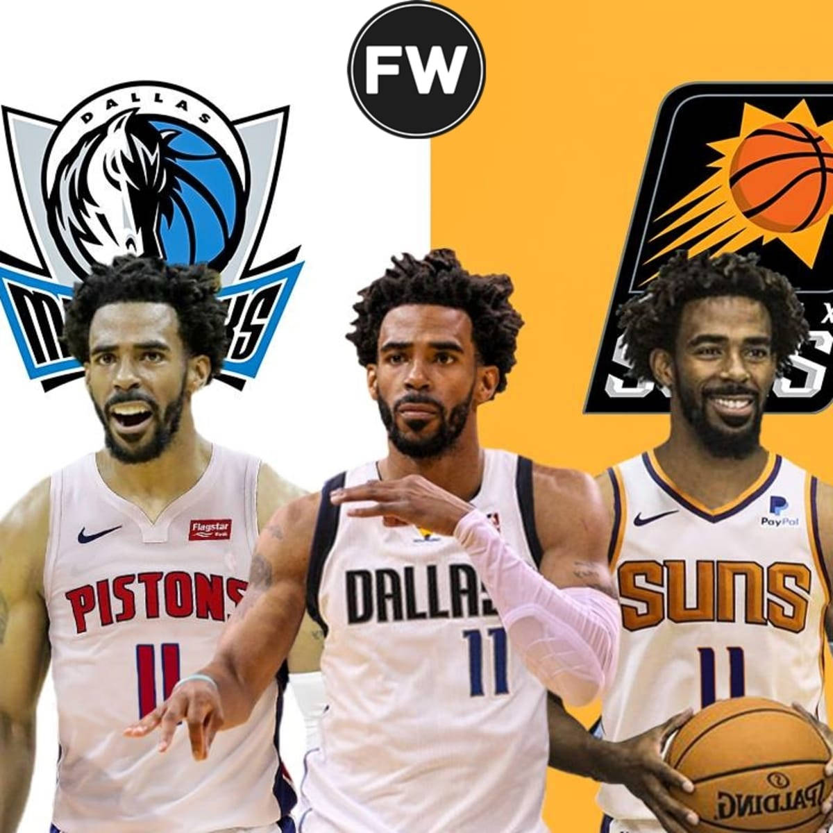 mike conley 桌布 壁紙 — 一名籃球運動員身穿三件不同球隊球衣，在球隊標誌前擺姿勢，背景為鮮豔的橙色和白色。